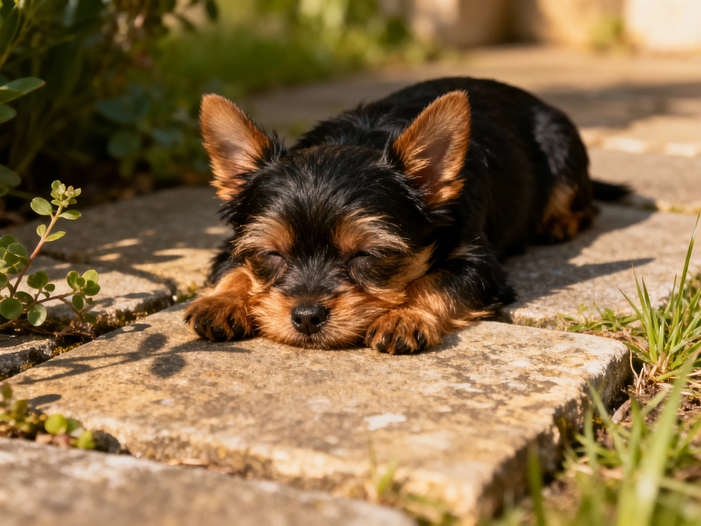 A small black and tan puppy rests on a stone pathway amid greenery.