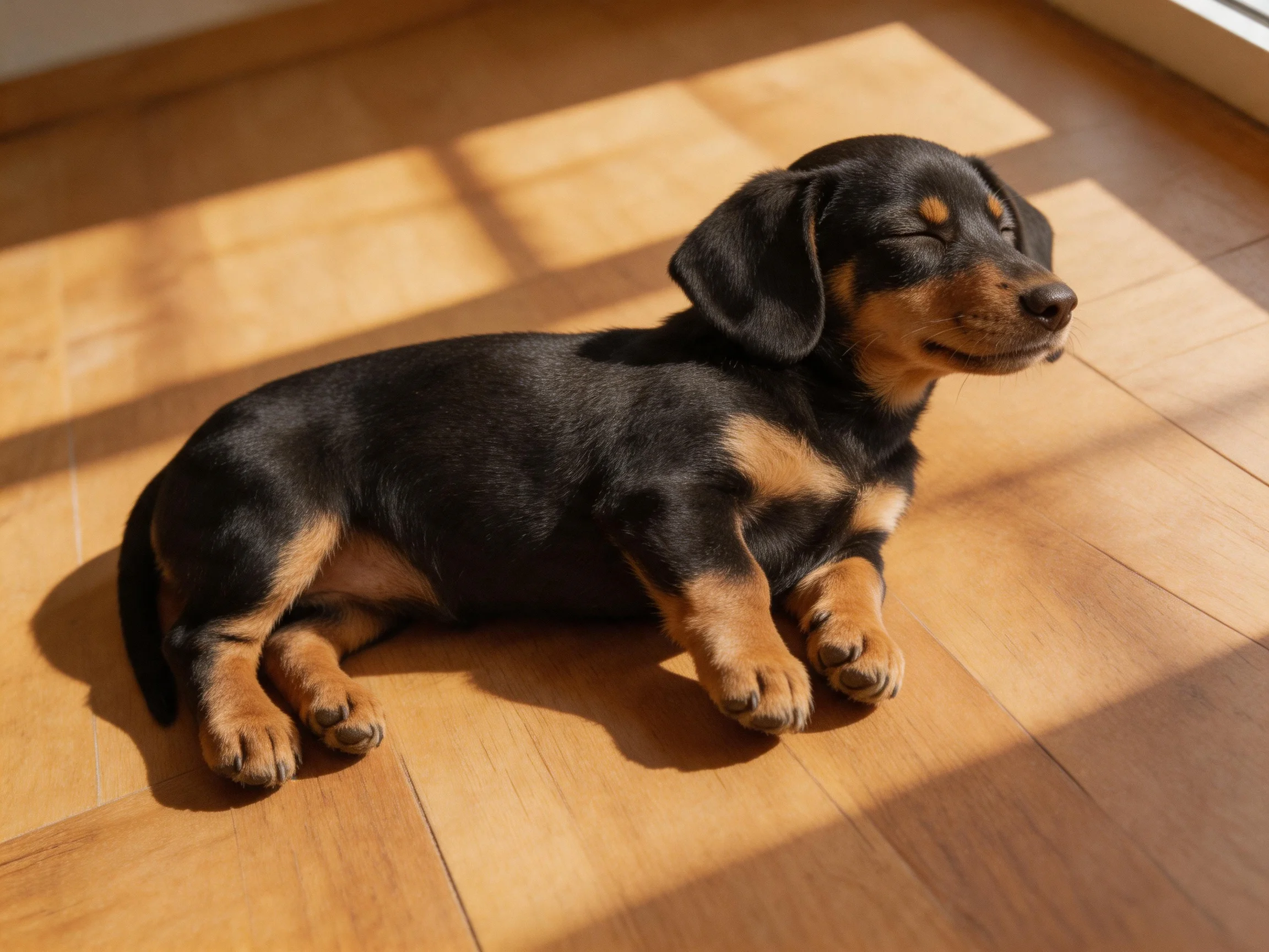 A small black and tan puppy rests on a sunlit wooden floor.