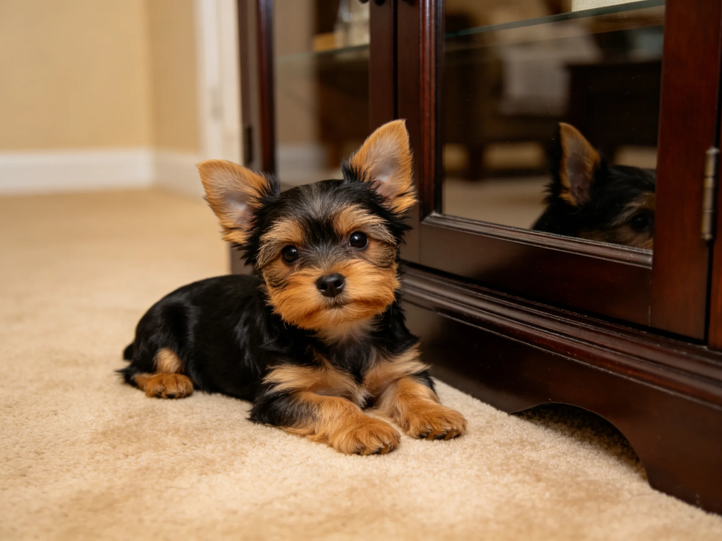 A small black and tan puppy lies next to a dark wooden cabinet indoors.