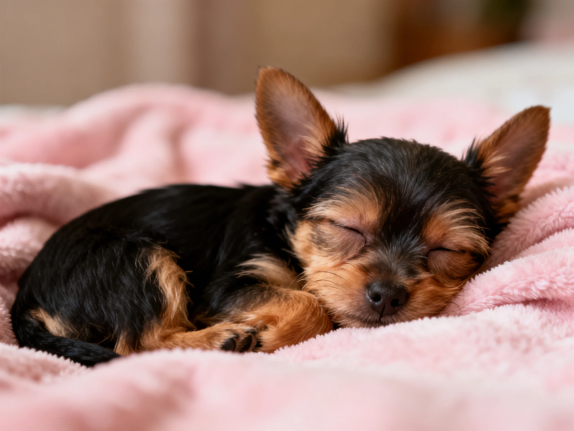 A small black and tan puppy sleeps on a soft pink blanket.