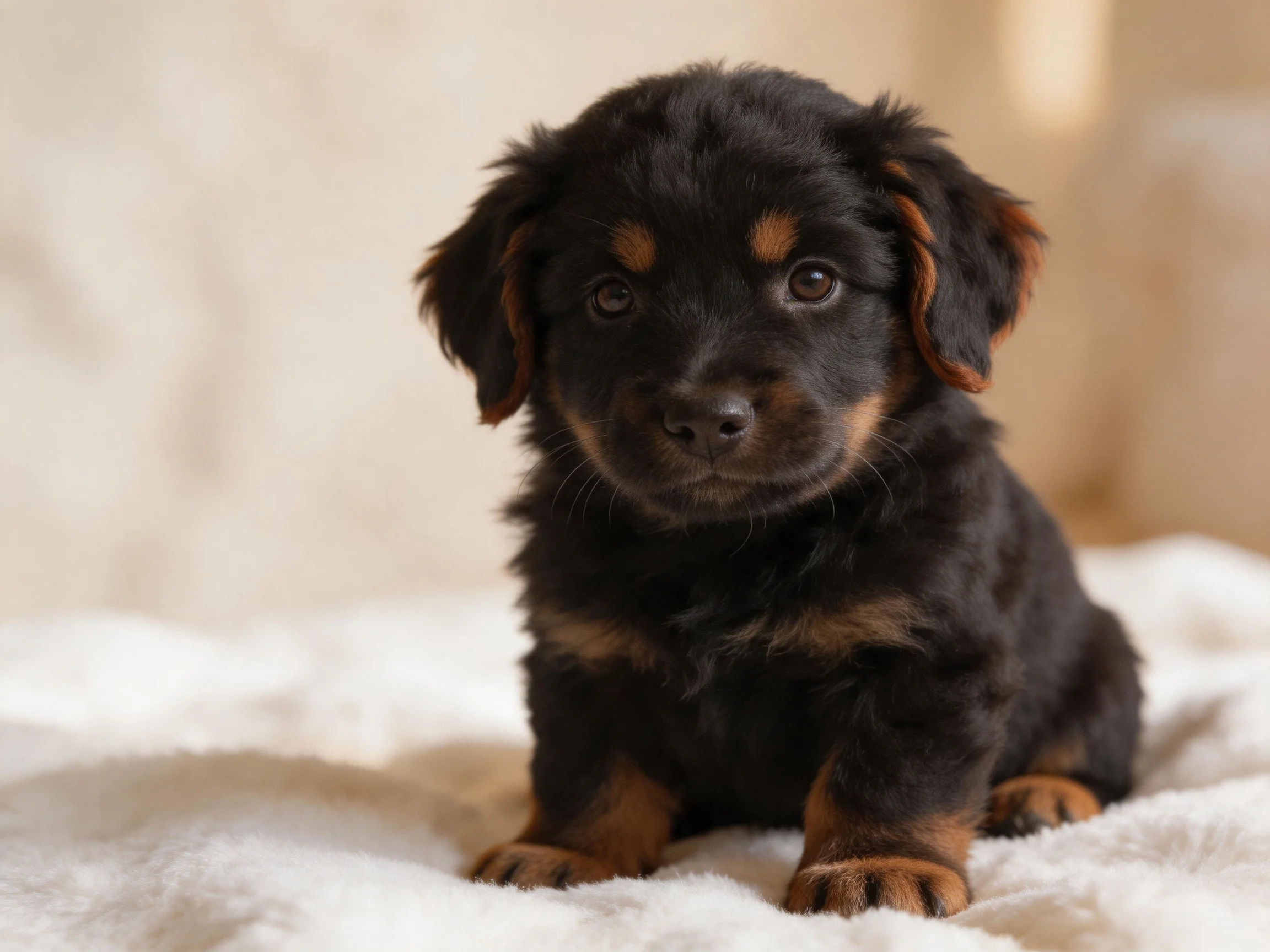 A small black and tan puppy rests on a plush white blanket