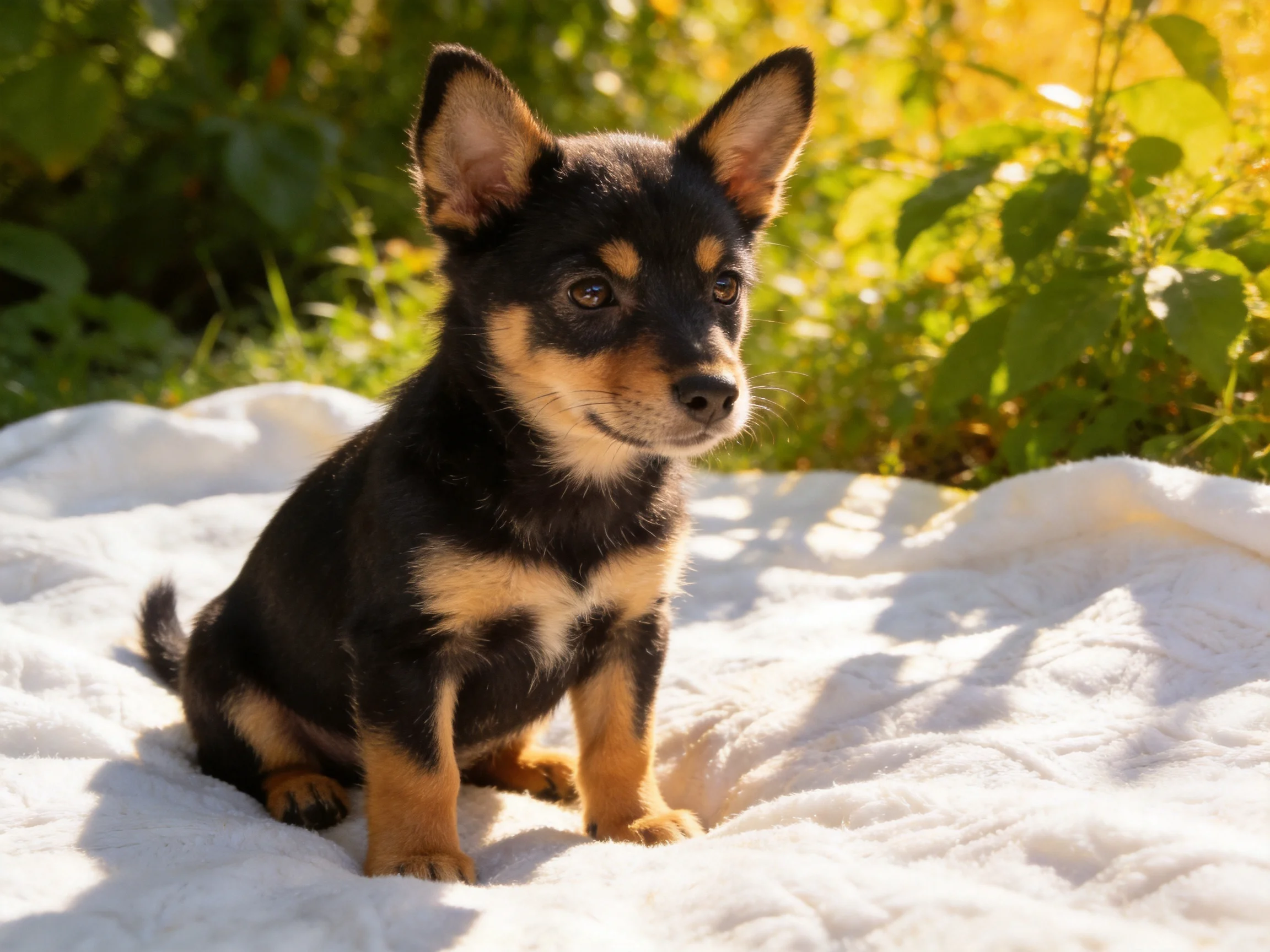 A small black and tan puppy sits on a white blanket in a sunlit garden