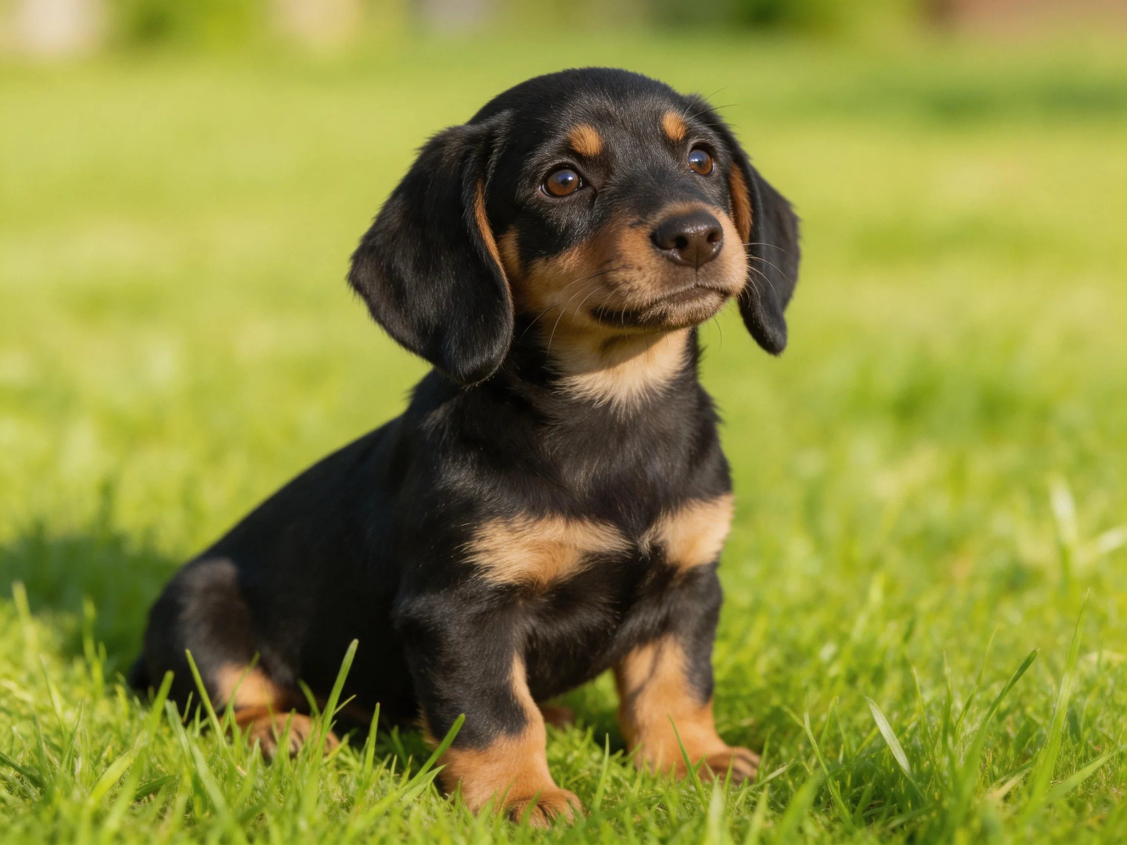 A young black and tan puppy sits attentively on green grass.