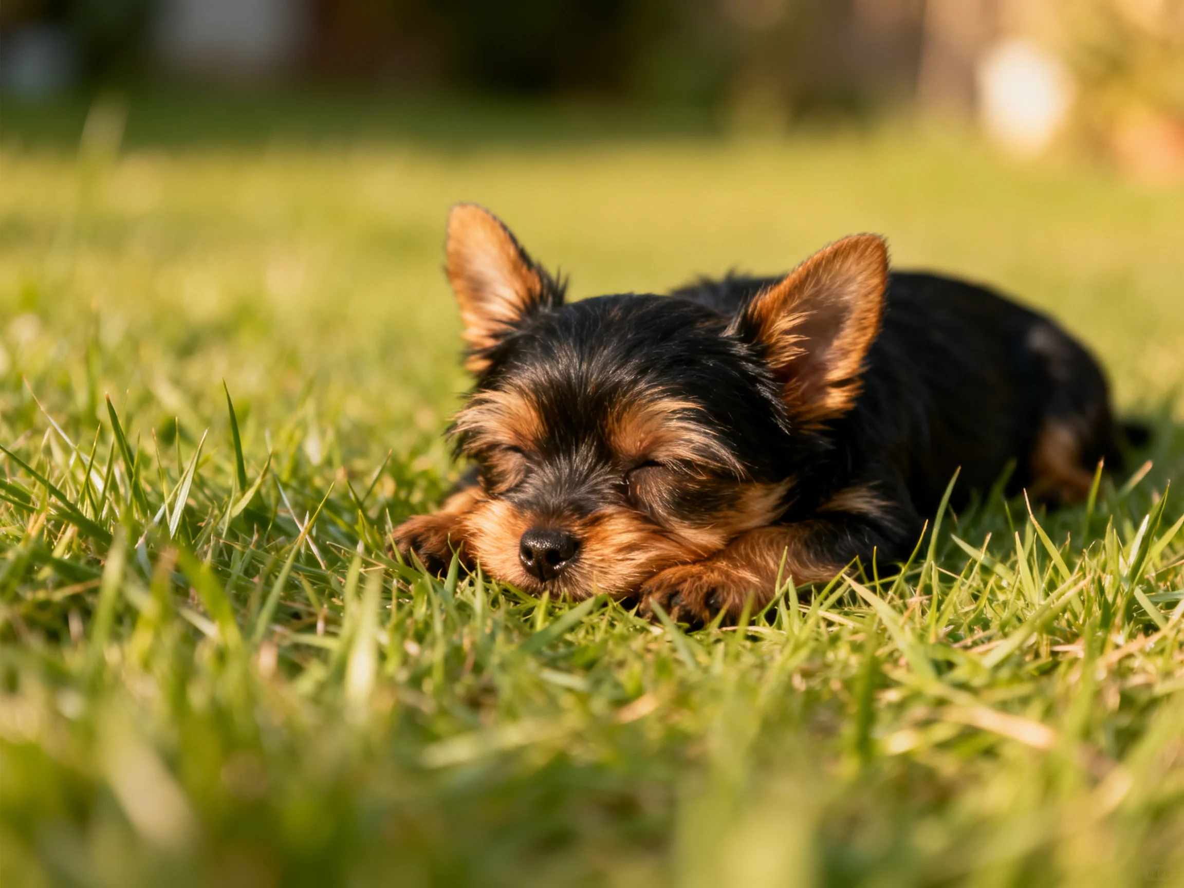 A small black and tan puppy sleeps on green grass
