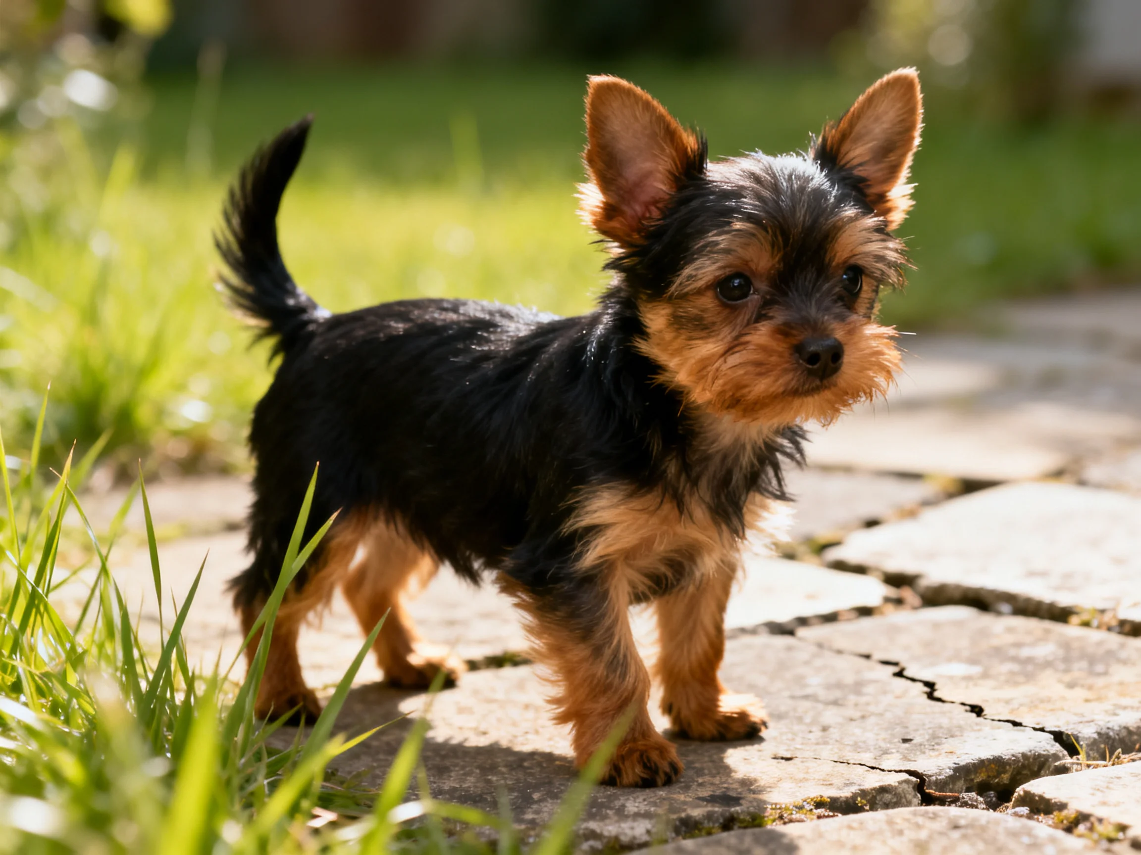 A small black and tan puppy stands on stone pavement in a sunlit outdoor area.