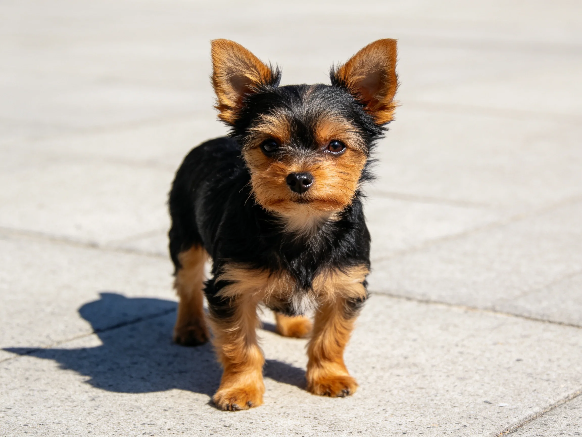A small black and tan puppy stands on sunlit concrete.
