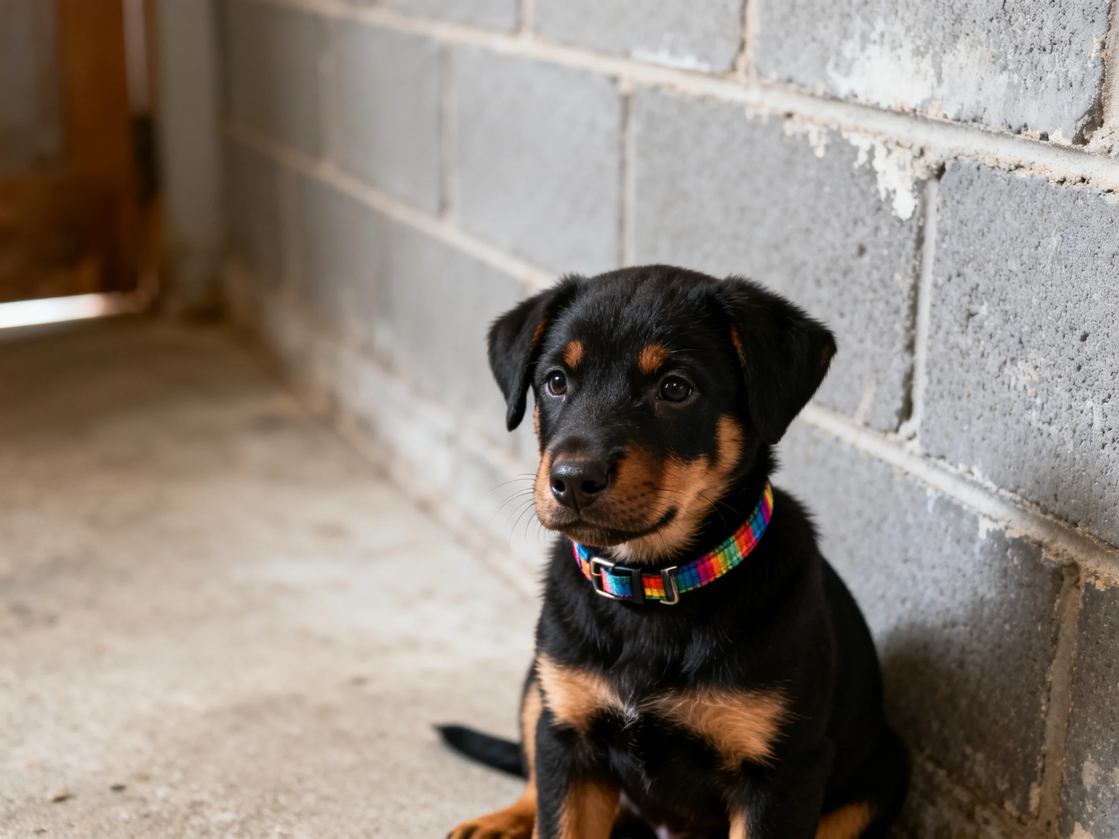 A small black and tan puppy with a colorful collar rests near a gray cinder block wall.