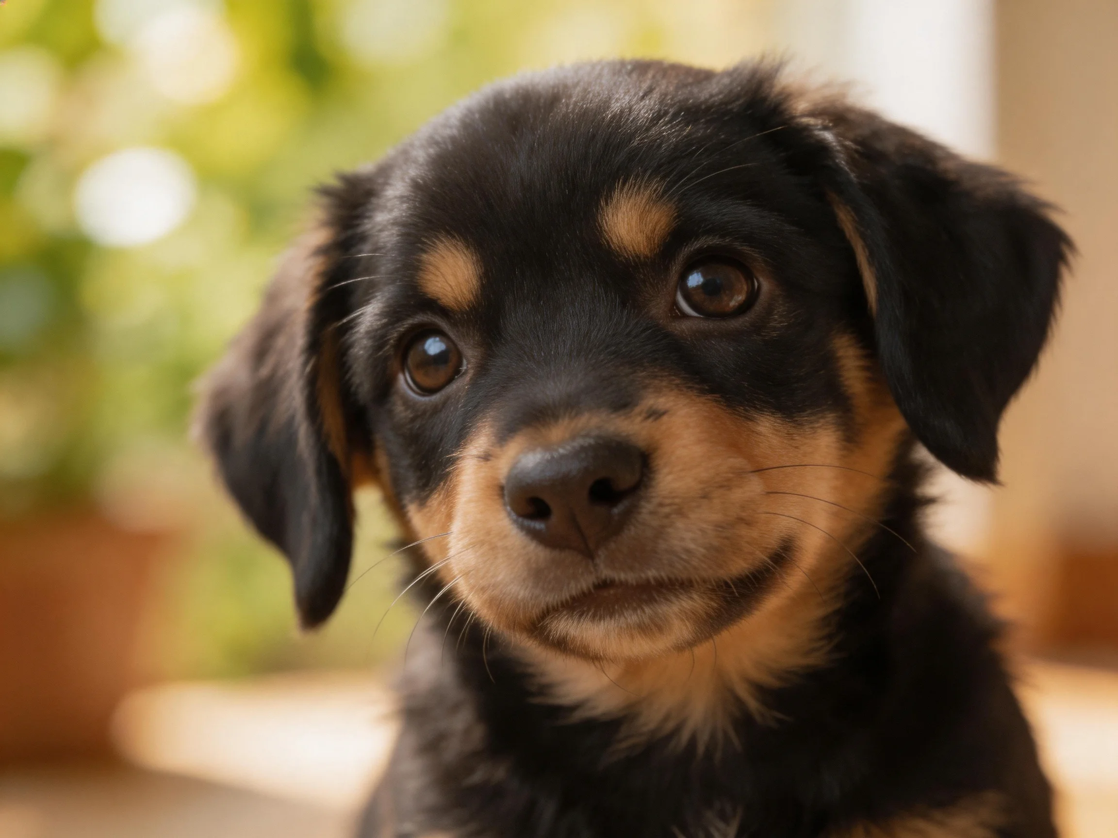 A small black and tan puppy gazes curiously indoors.