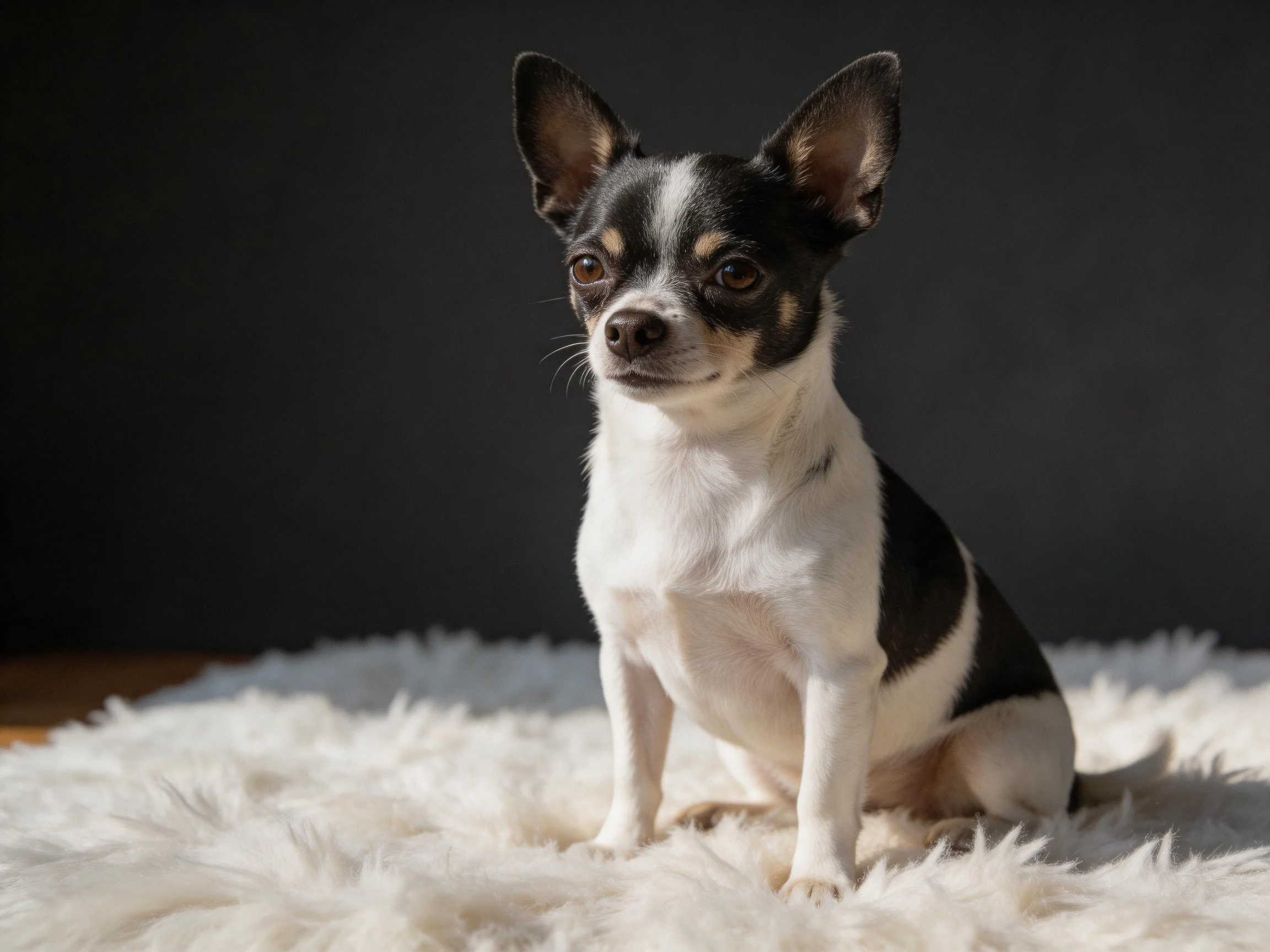 A small black and white Chihuahua sits calmly on a white rug.