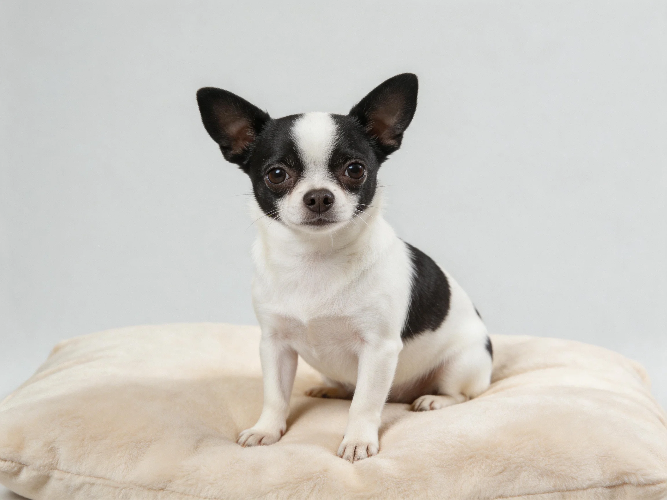 A small black-and-white Chihuahua sits on a soft beige cushion
