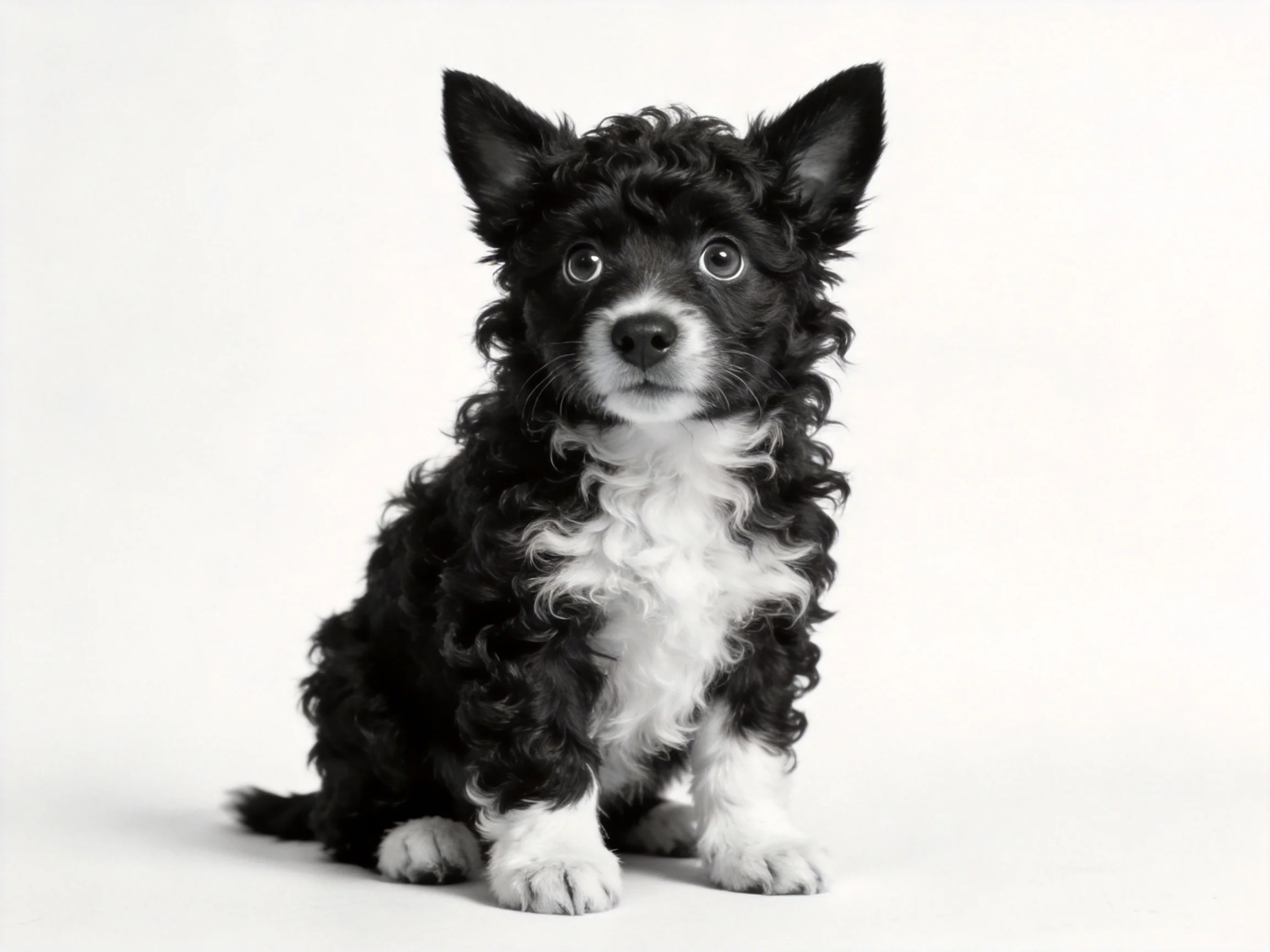 A small black-and-white puppy with curly fur sits against a white background.