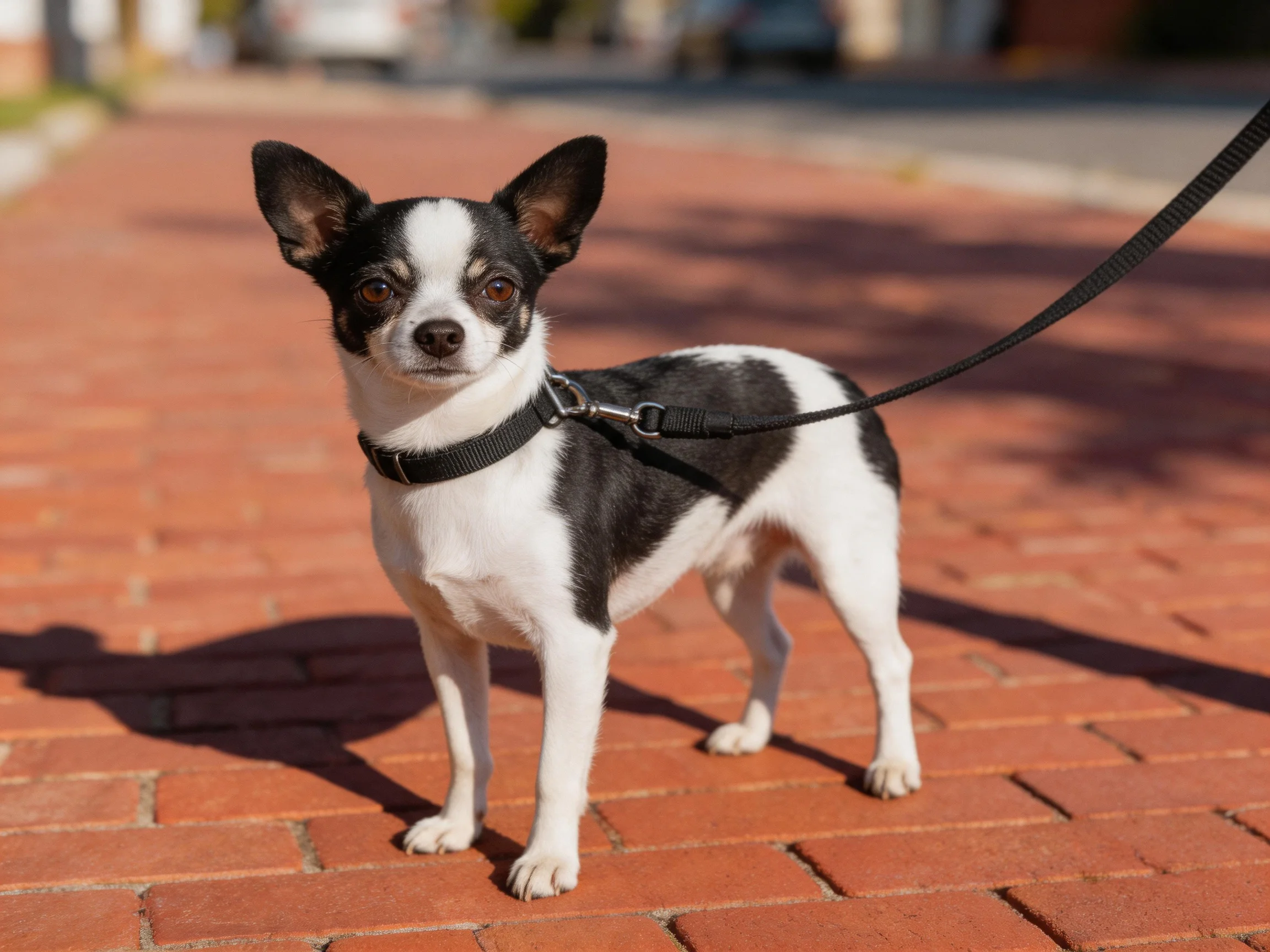 A small black and white dog stands on a brick sidewalk.