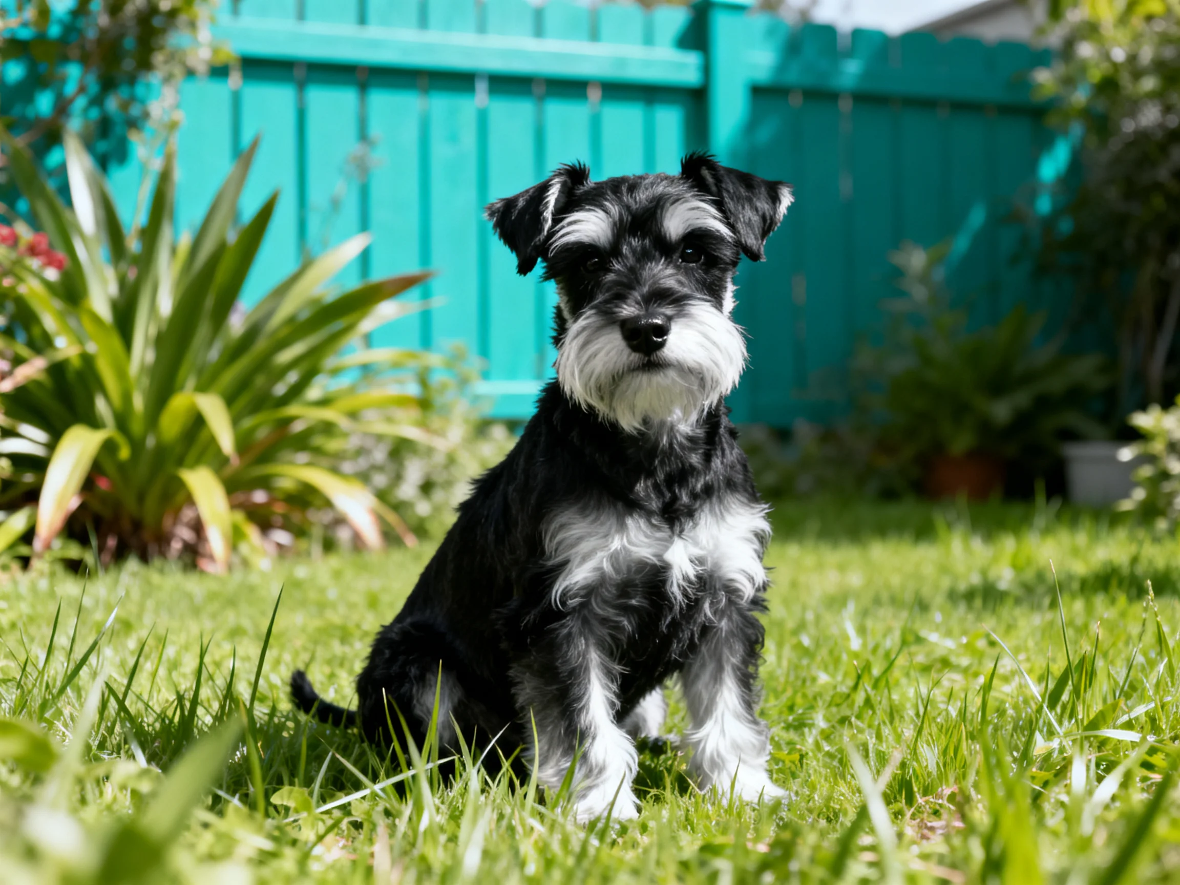 A black and white dog sits calmly in a grassy backyard with a turquoise fence.