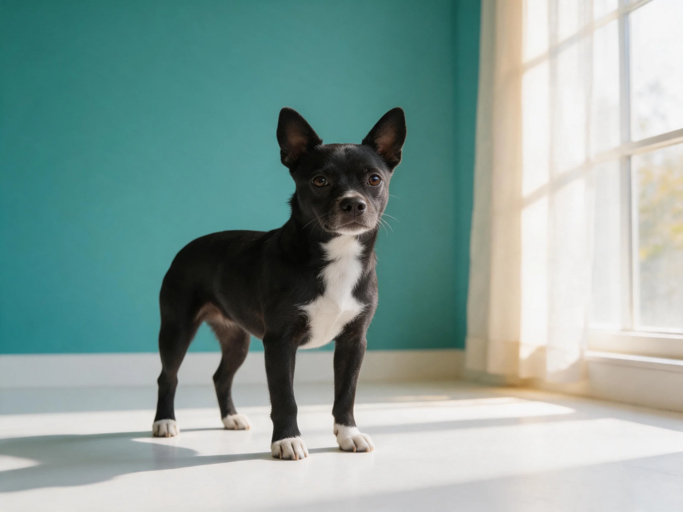 A small black and white dog stands beside a bright teal wall by a sunlit window