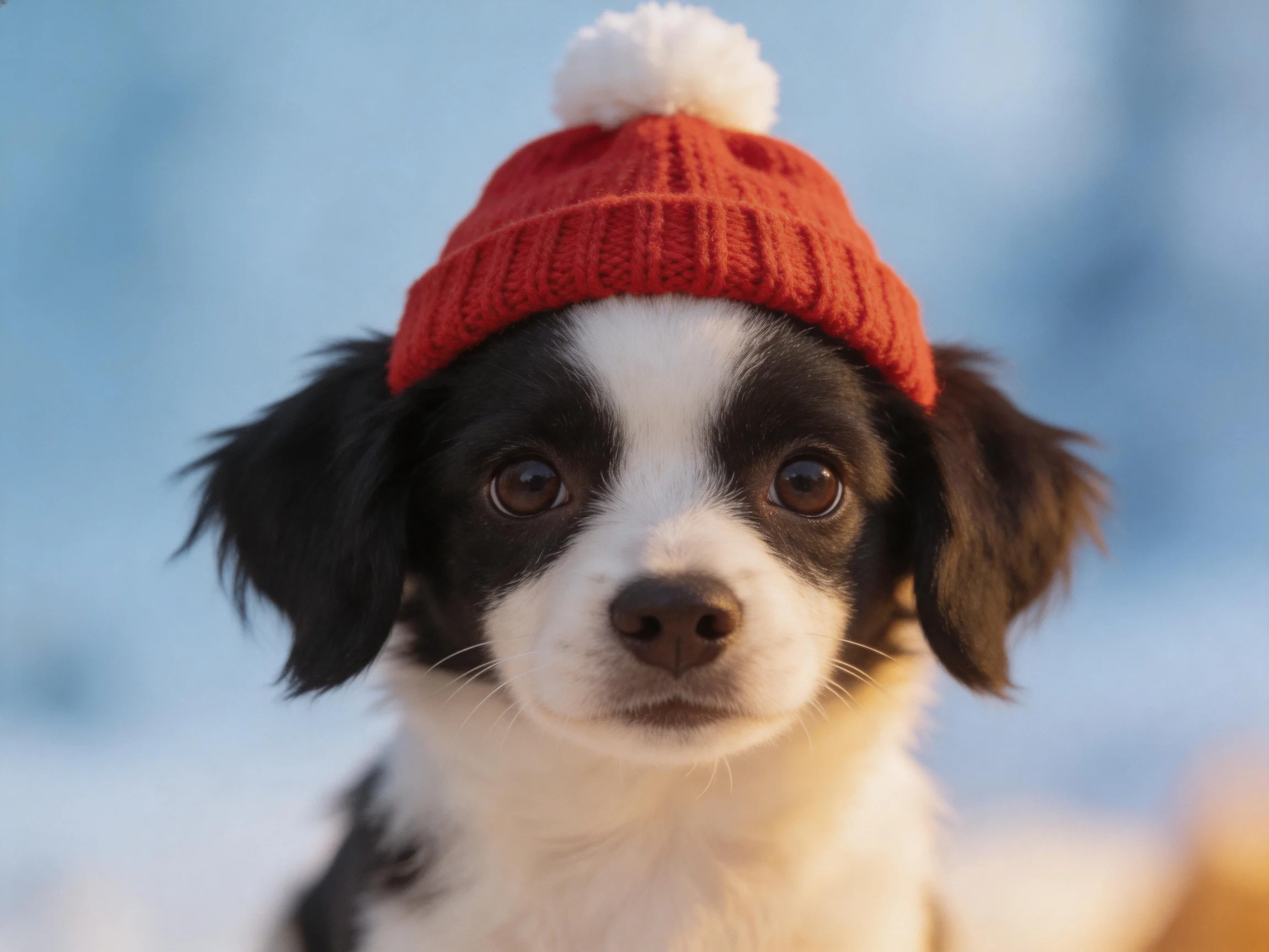 A small black and white dog wearing a bright red knit winter hat