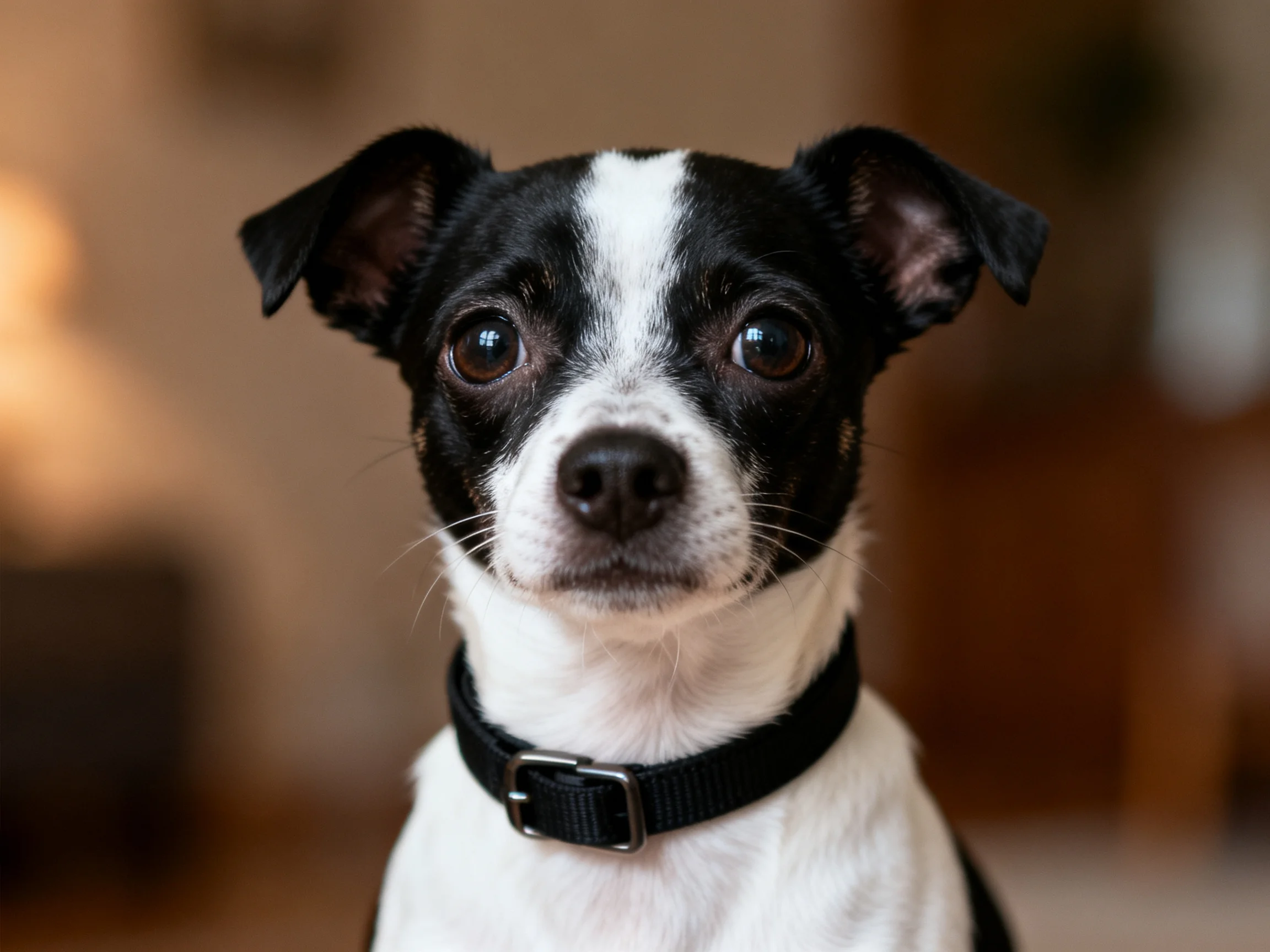 A small black and white dog with large ears wears a collar indoors.