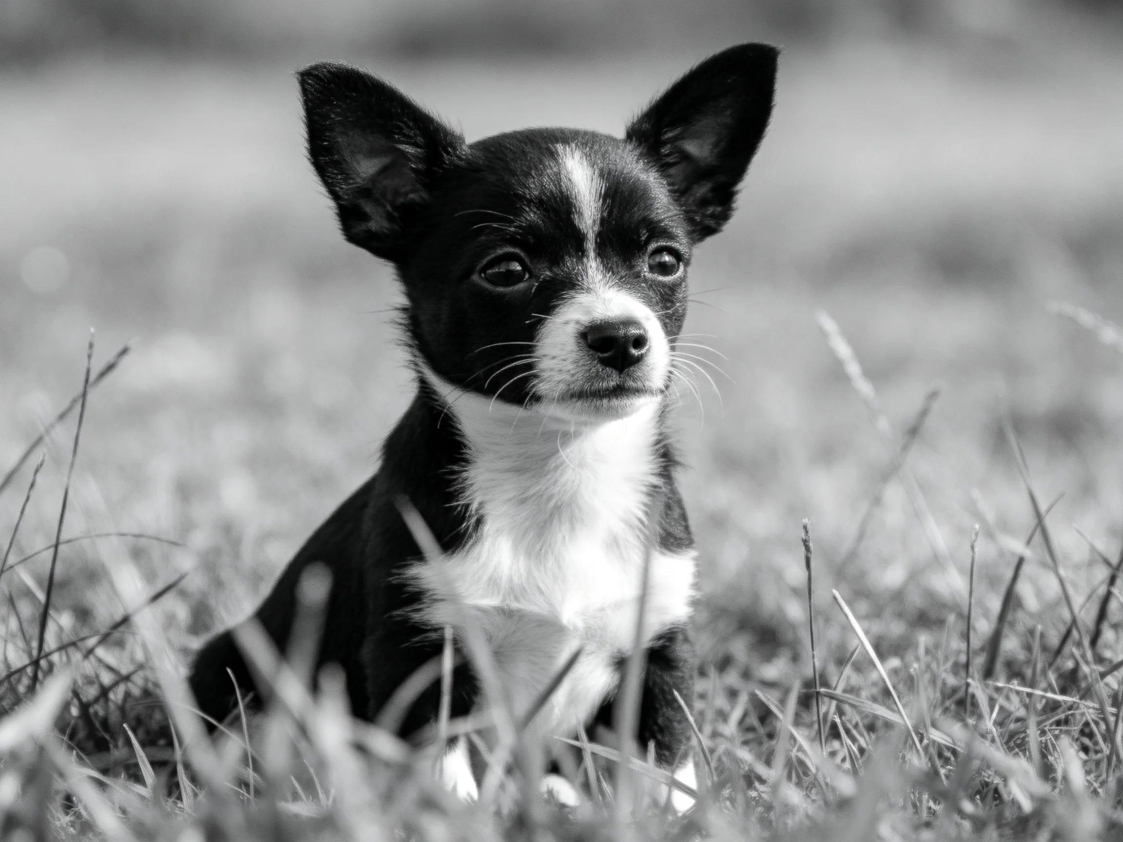 A small black-and-white puppy sits calmly among tall grass.