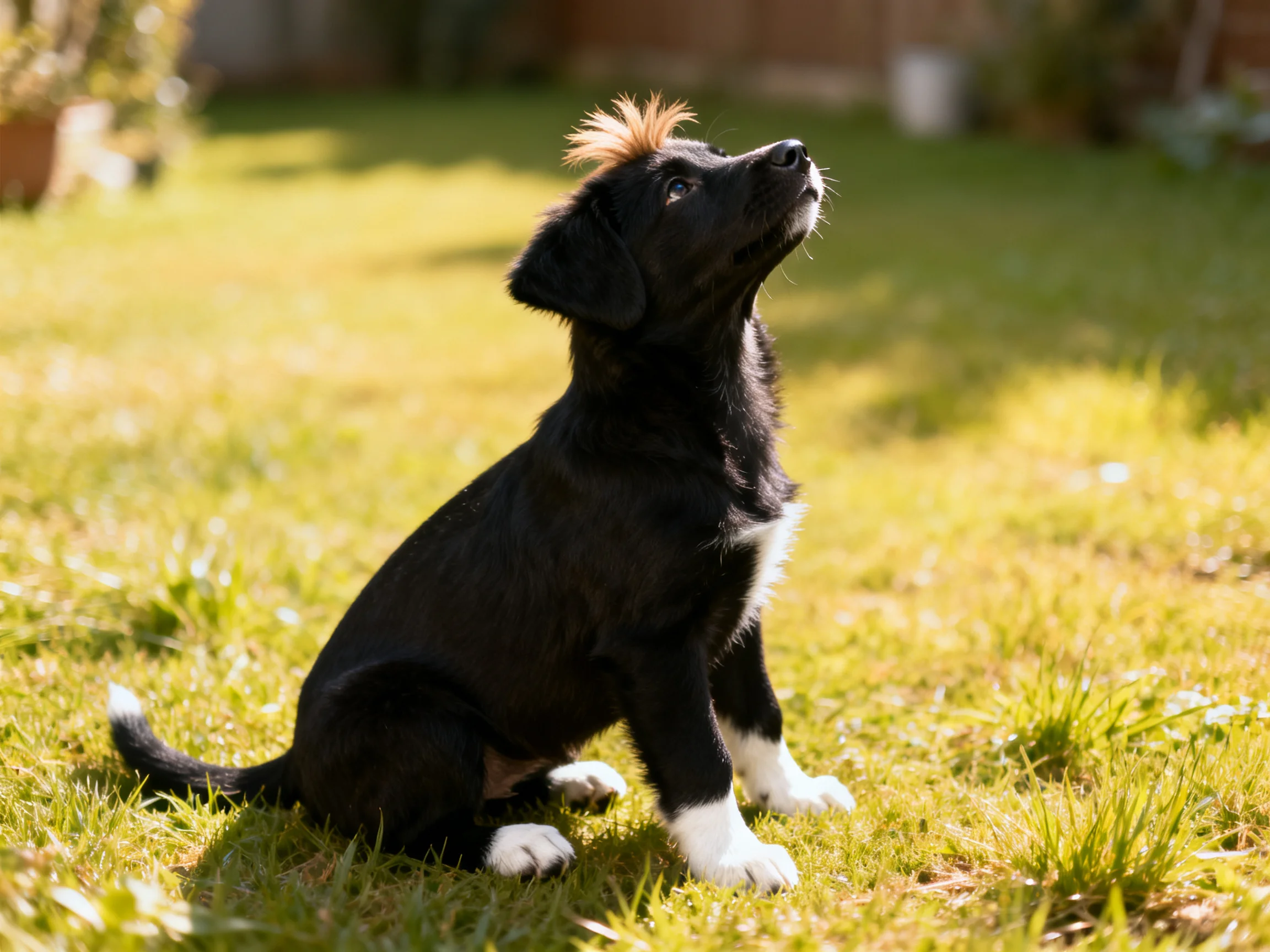 A small black and white puppy lookses upward while sitting on grass in bright sunlight.