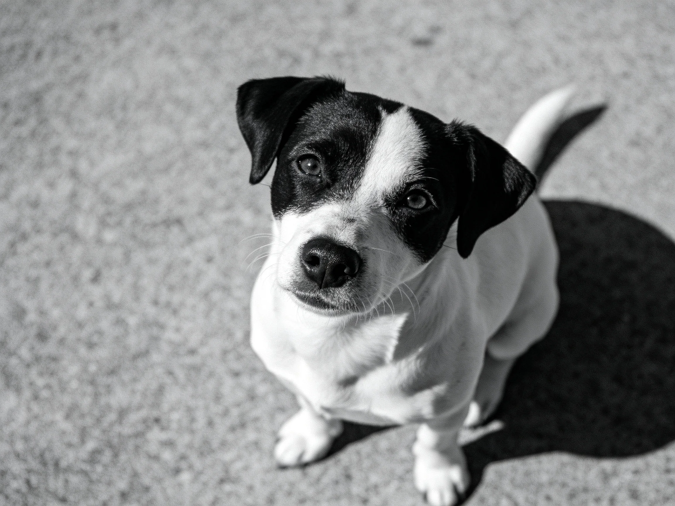 A small black-and-white puppy sits attentively on a textured pavement.