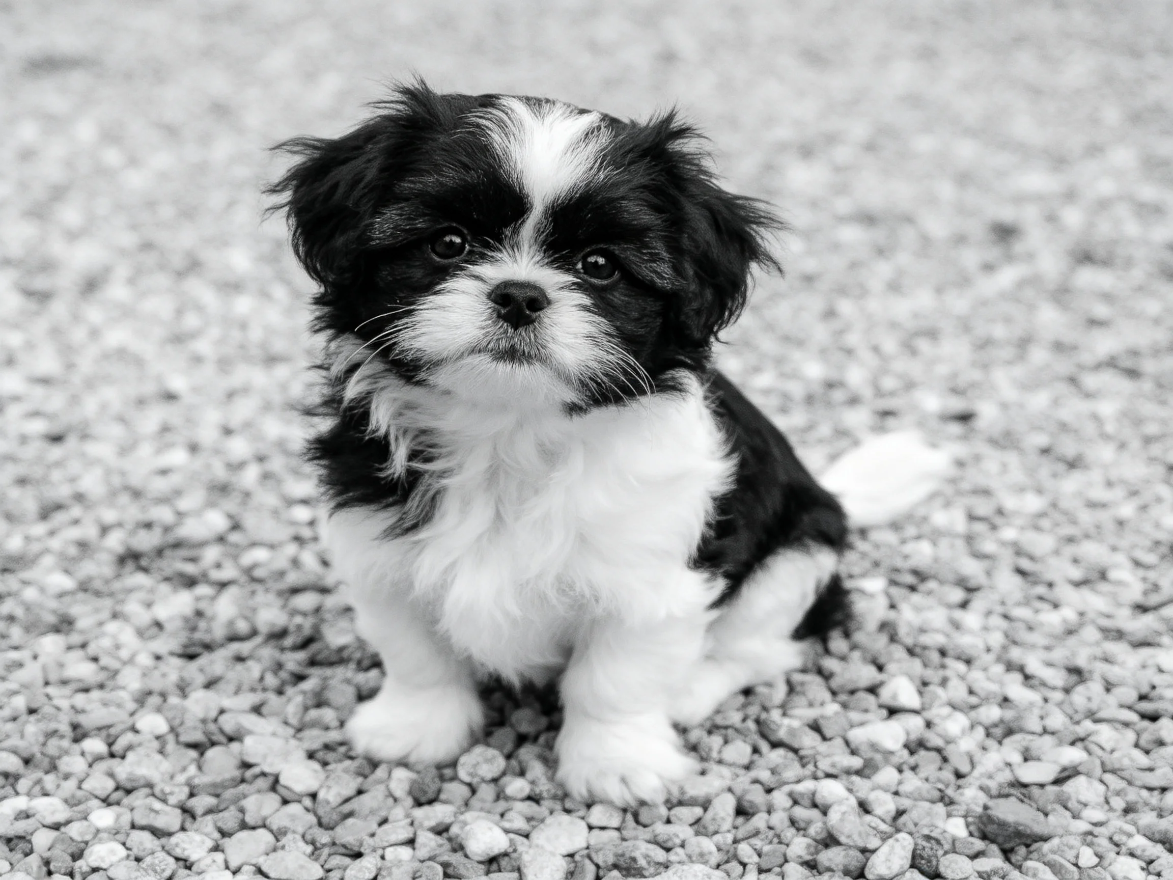 A small black and white puppy sits on gravel