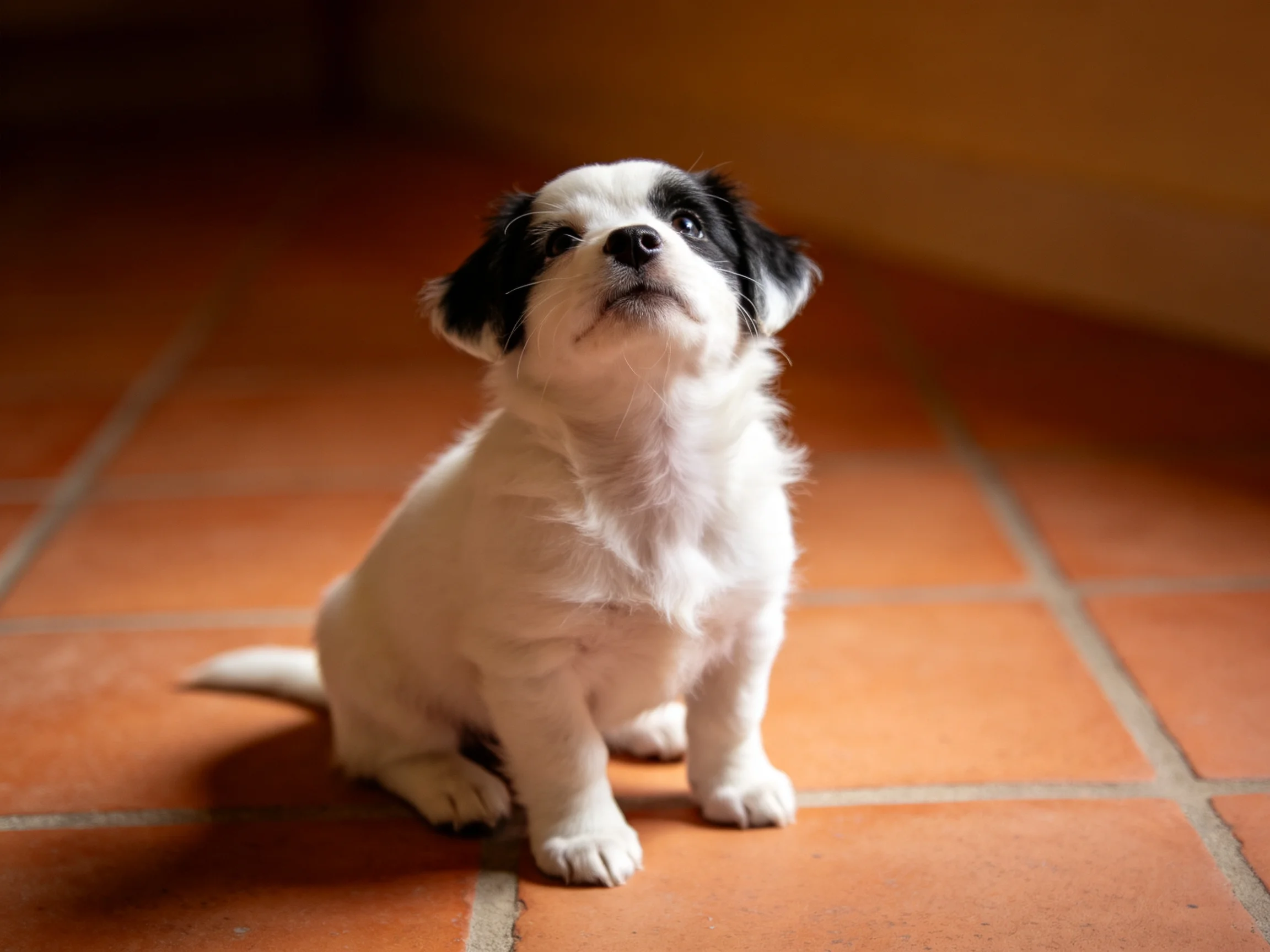 A small black-and-white puppy sits attentively on terracotta tiles.