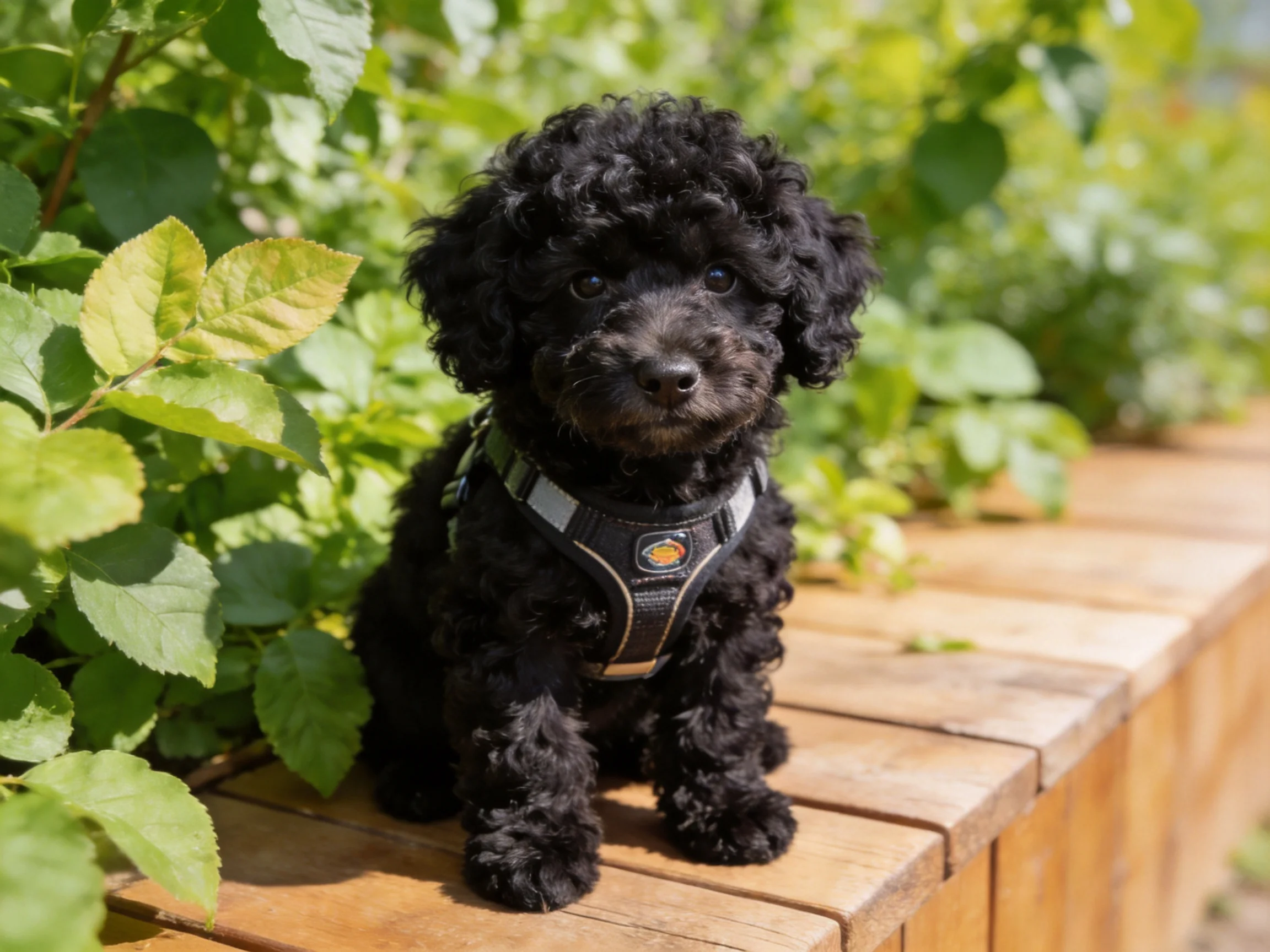 A small black curly - haired dog with a harness sits among green foliage