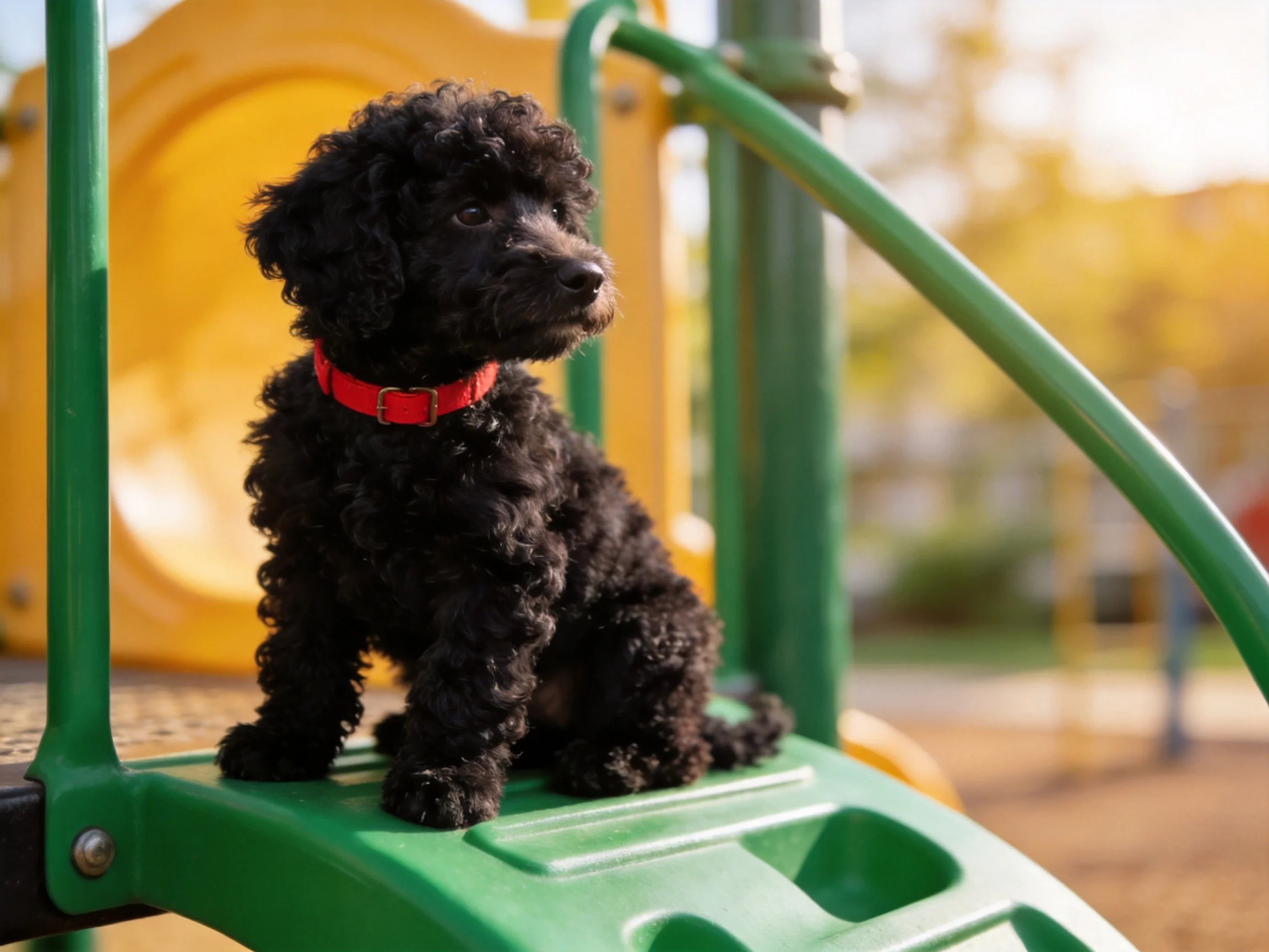 A small black curly - haired dog sits on playground equipment outdoors.