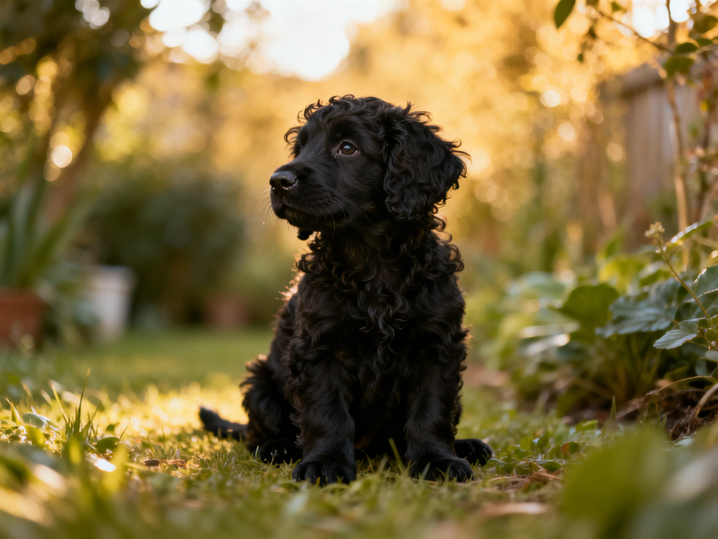 A small black curly-coated puppy in a sun-dappled garden