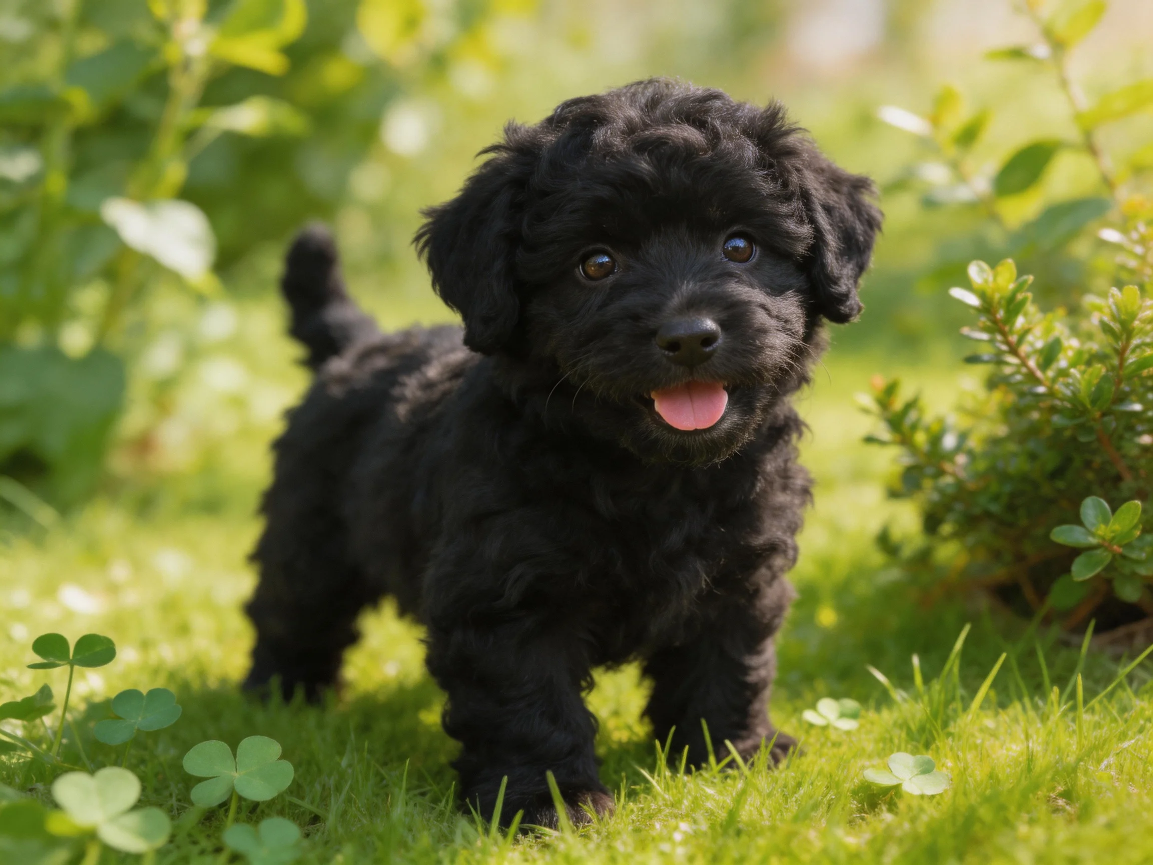 A small black puppy enjoys a sunny day among greenery in a grassy area.