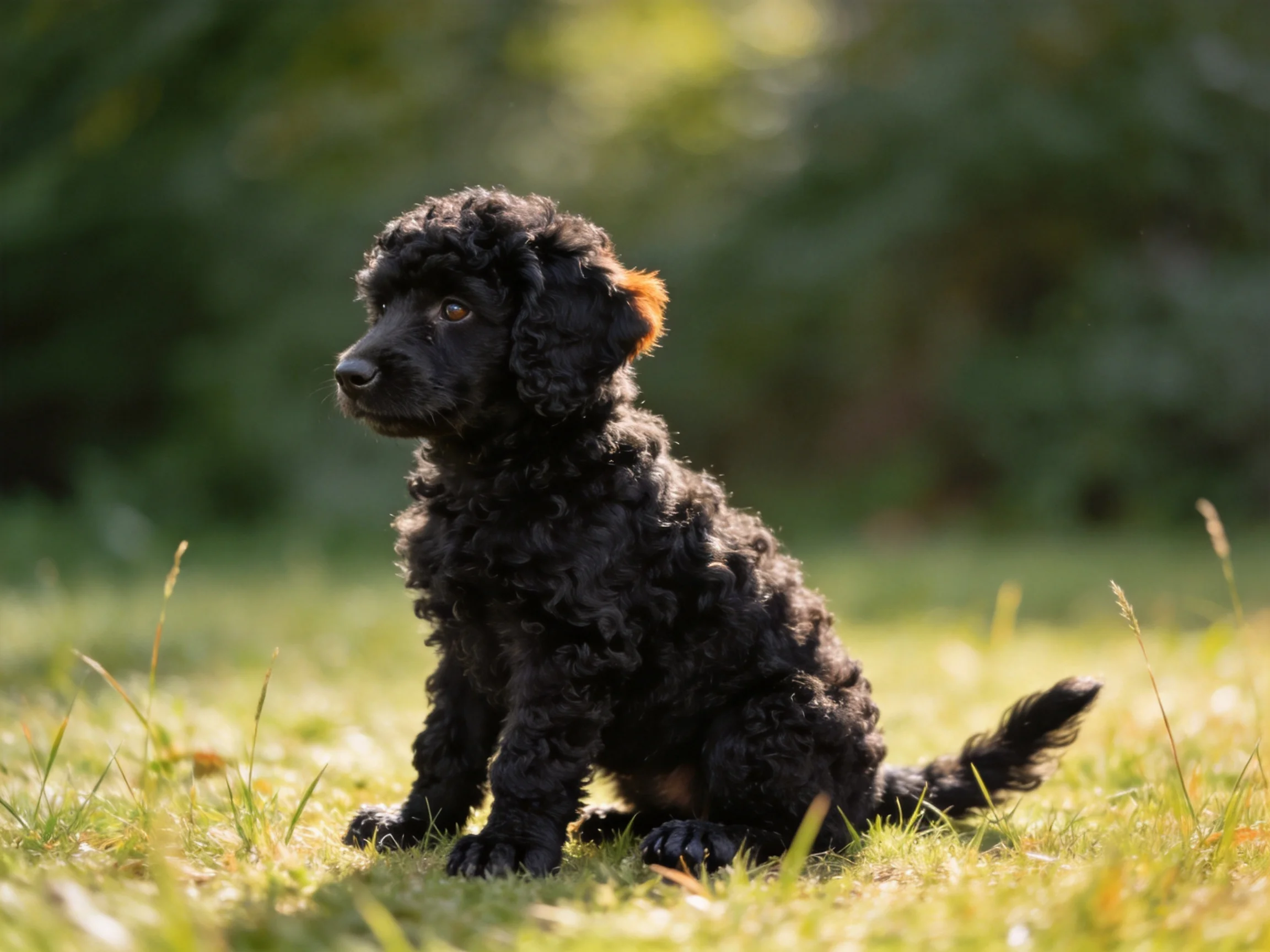 A small black curly-haired puppy sits on sunlit grass