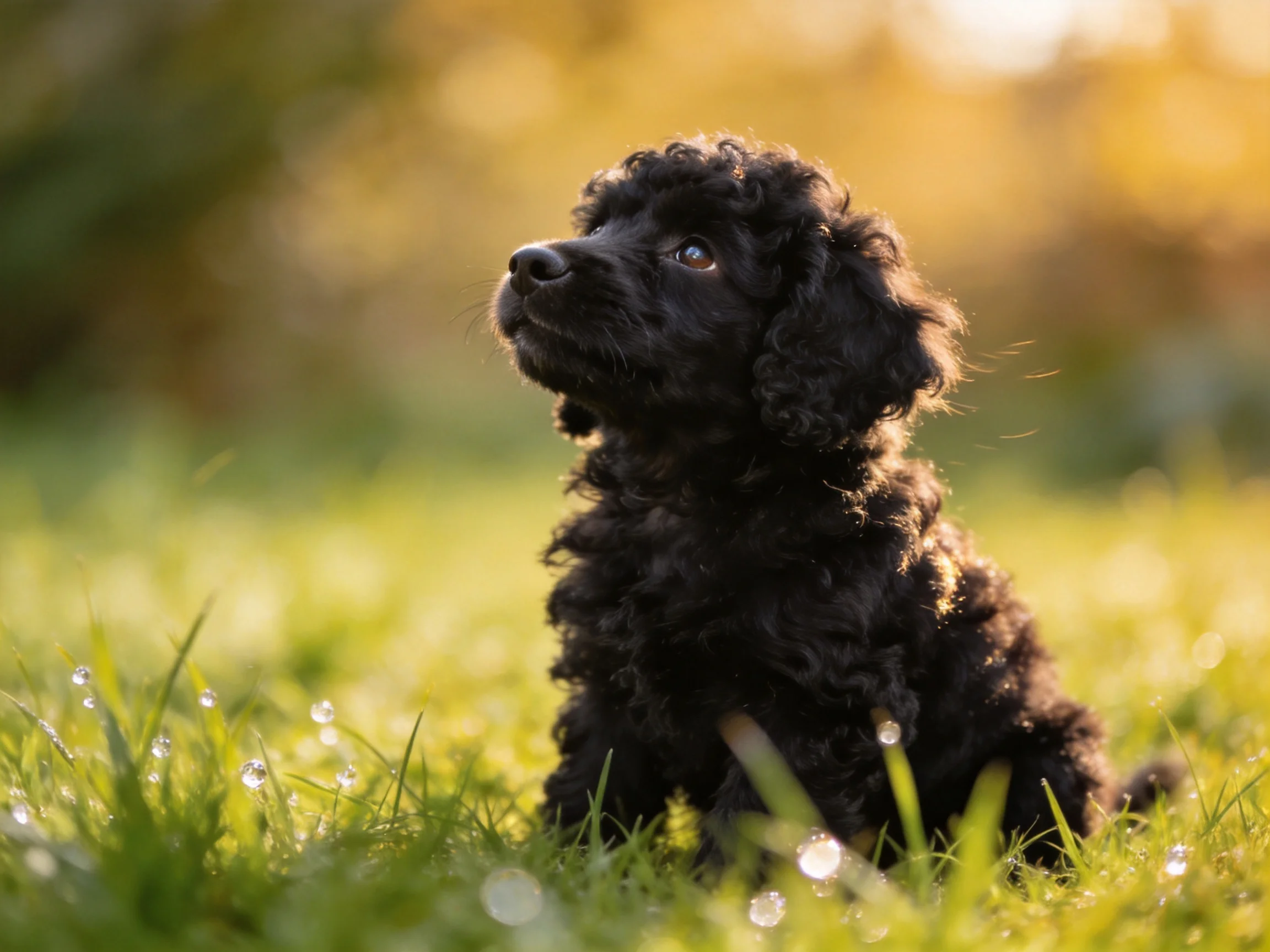 A small black curly-haired puppy sitting in dewy green grass