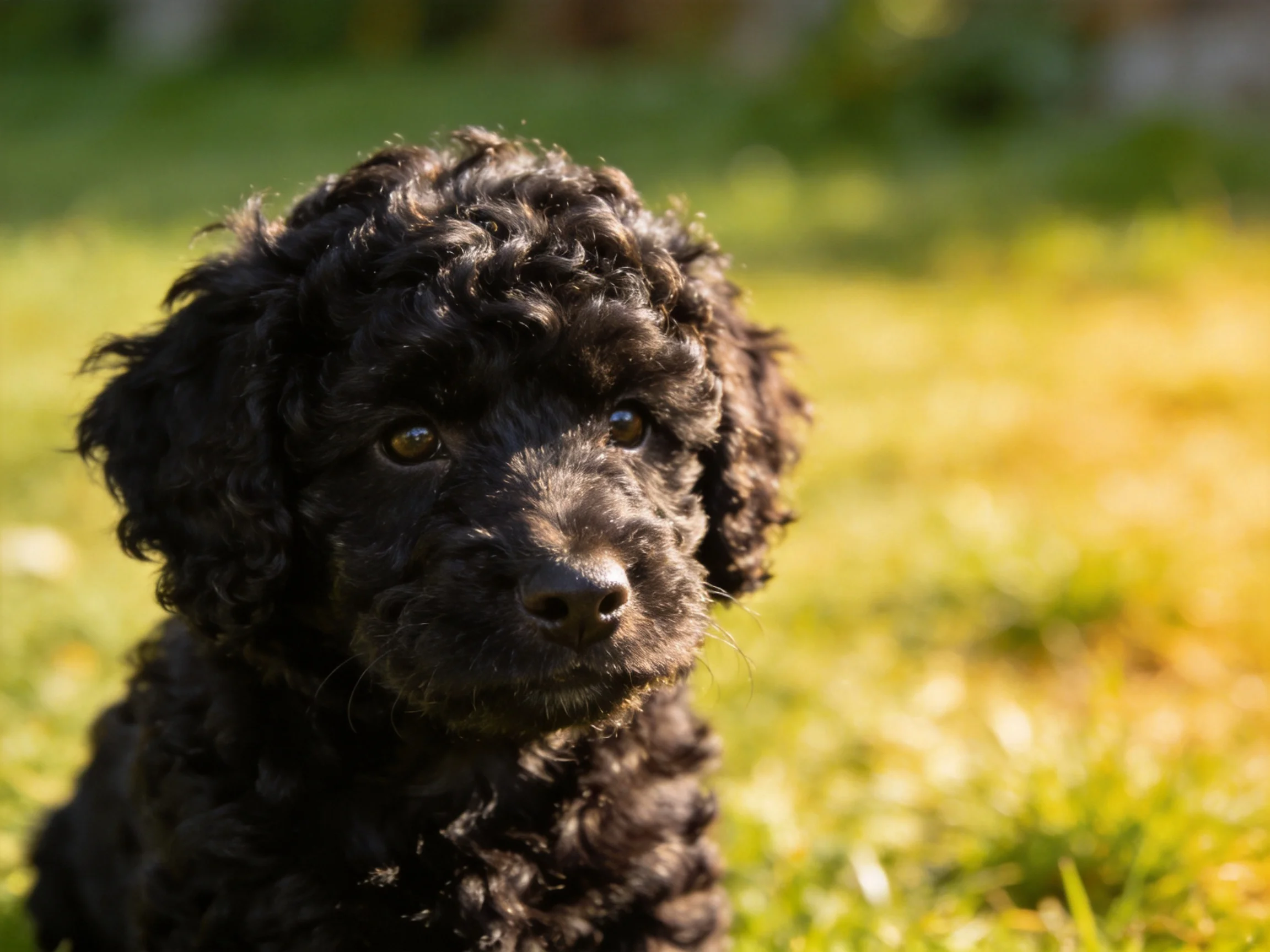 A small black curly-haired puppy sitting on sunlit grass