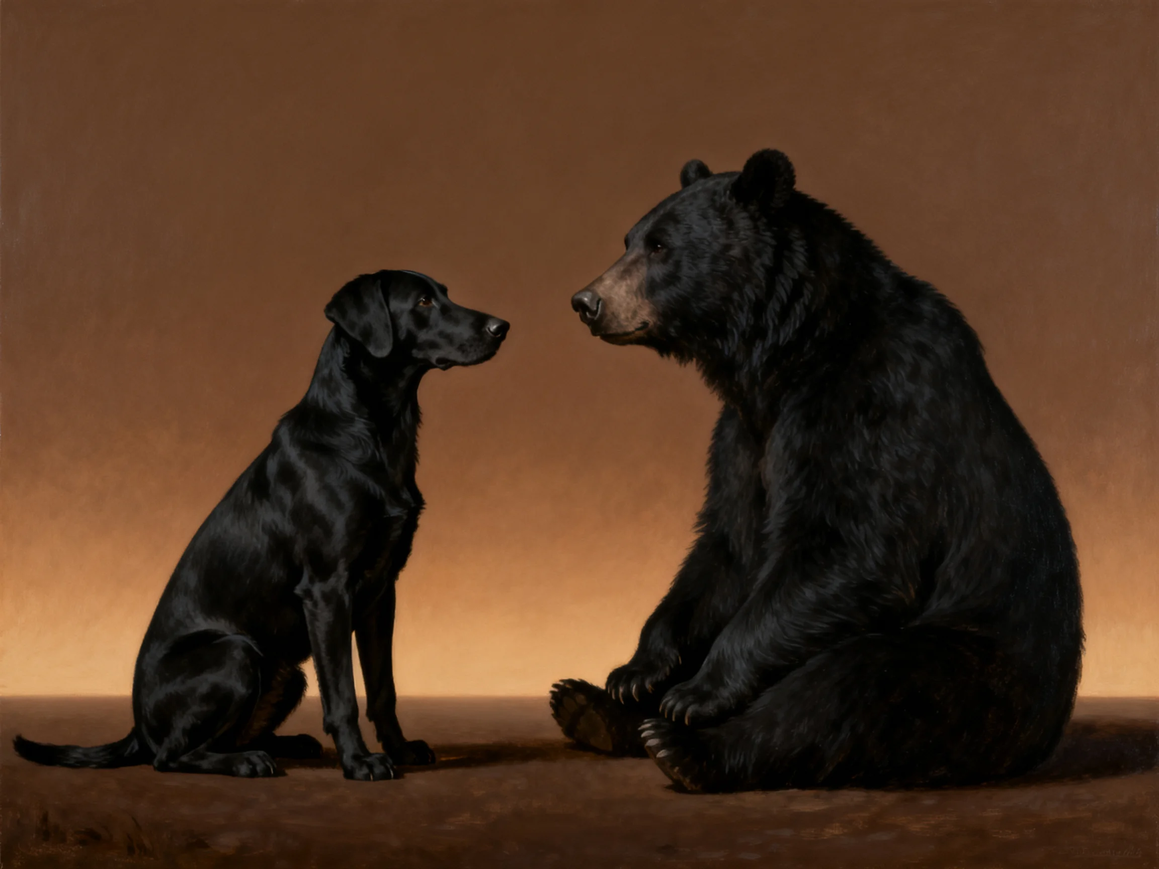 A small black dog and large black bear face each other on a brown surface