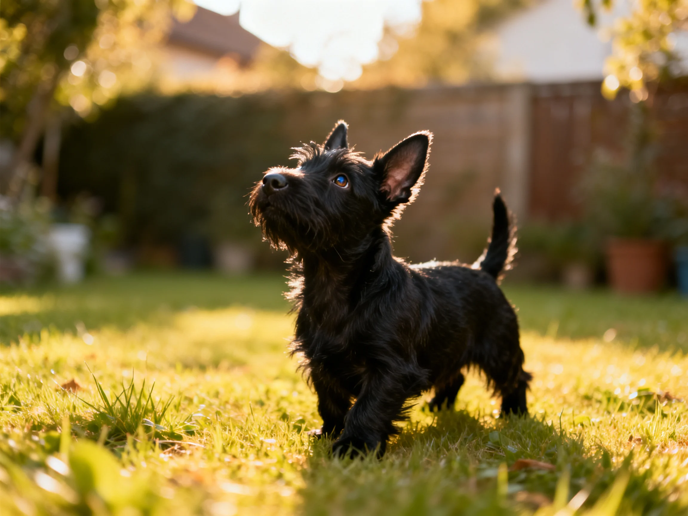 A small black dog explores a sunlit backyard garden