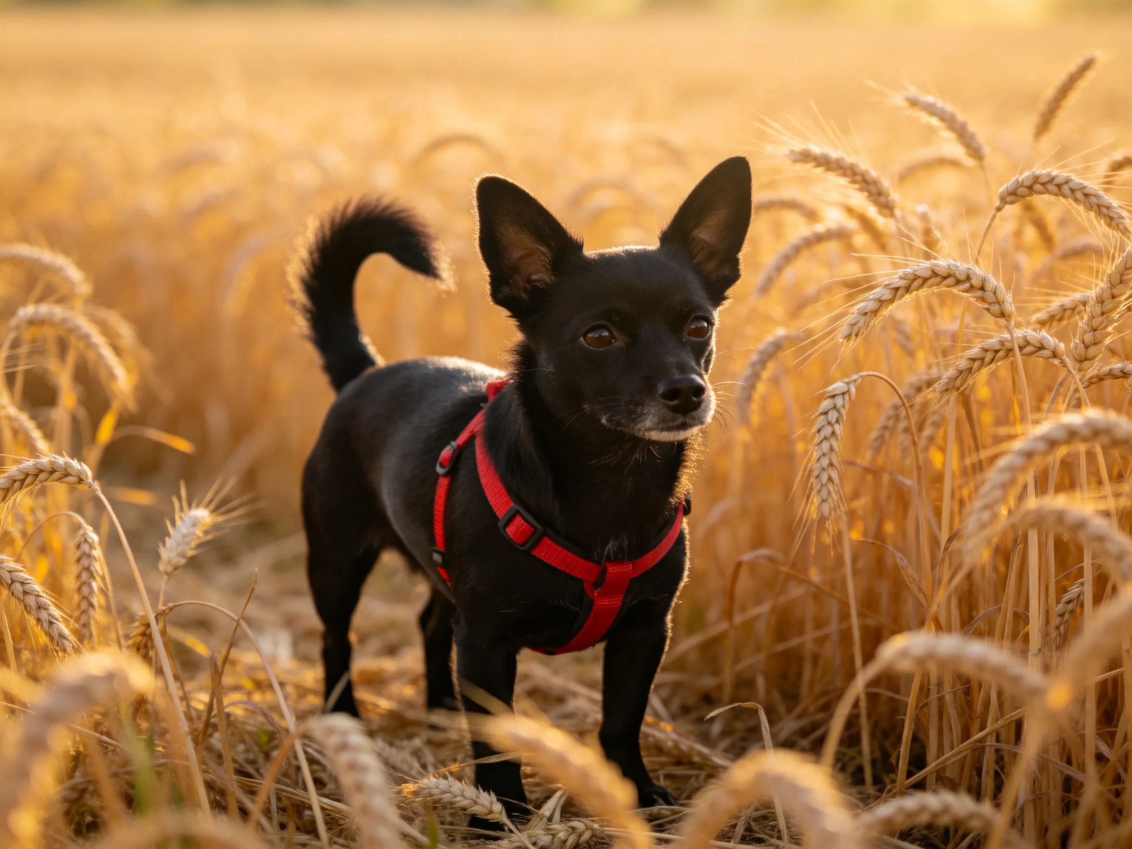 A small black dog in a golden wheat field with a red harness