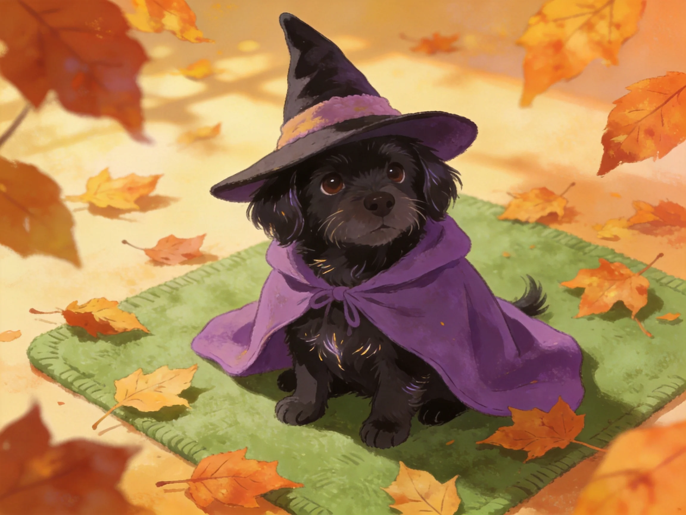 A small black dog in witch attire sits on a green mat amid autumn leaves
