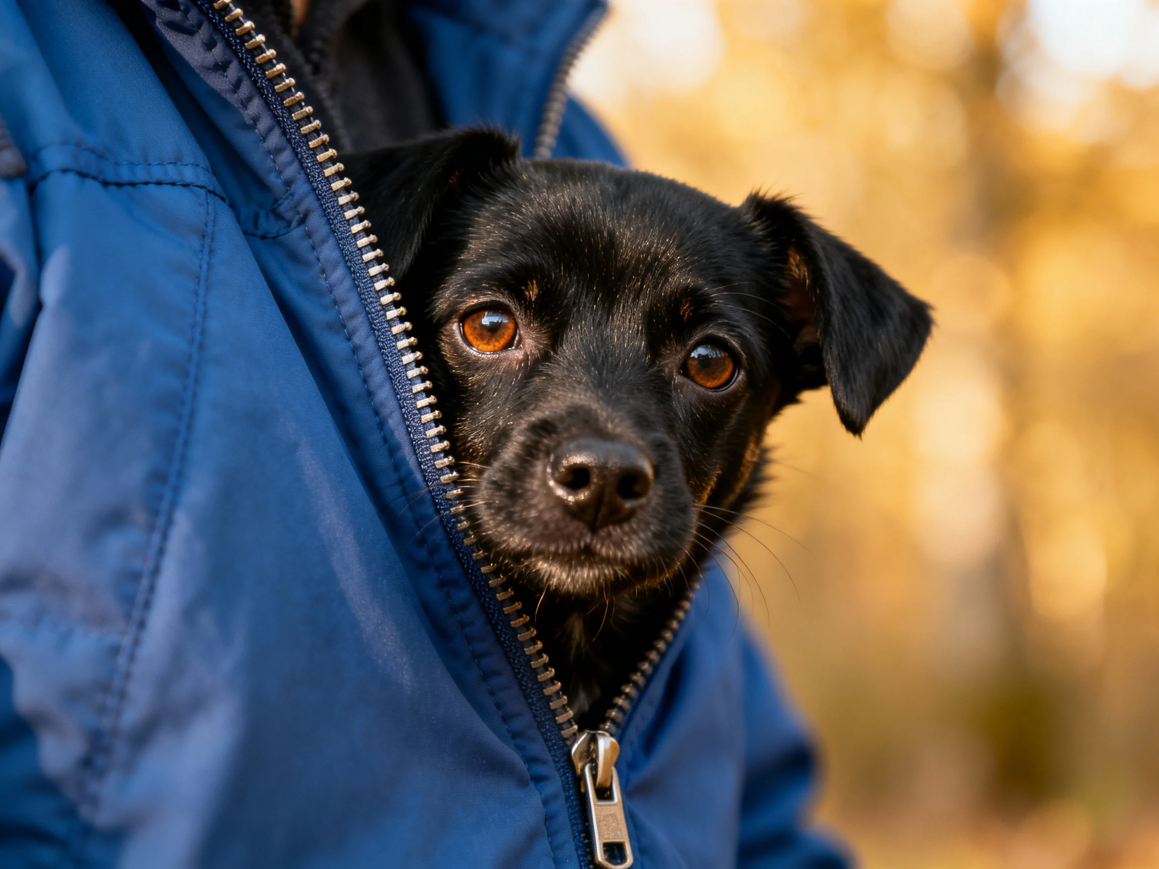 A small black dog peeks from a blue zippered jacket outdoors