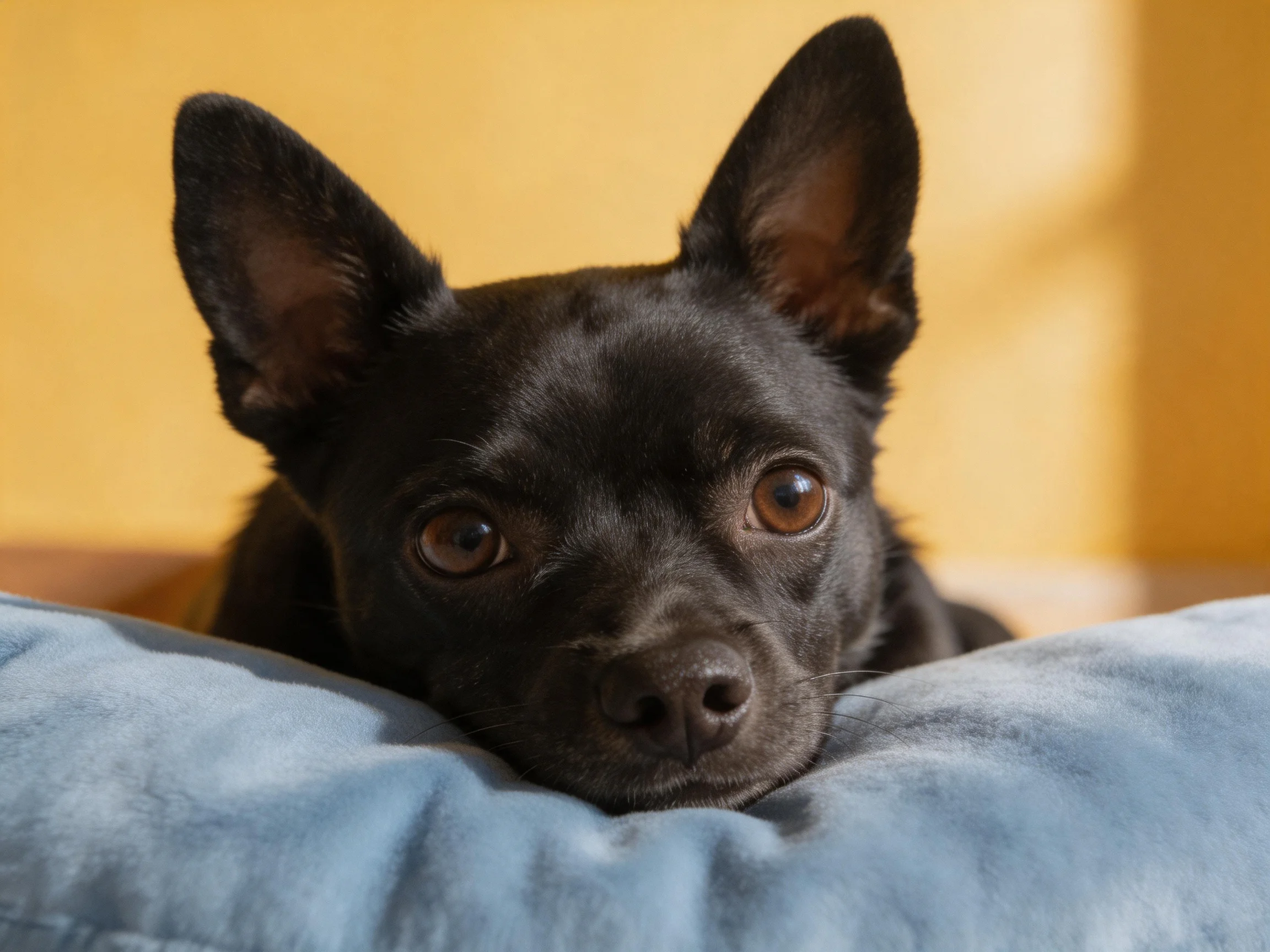 A small black dog rests on a blue cushion near a warm yellow wall