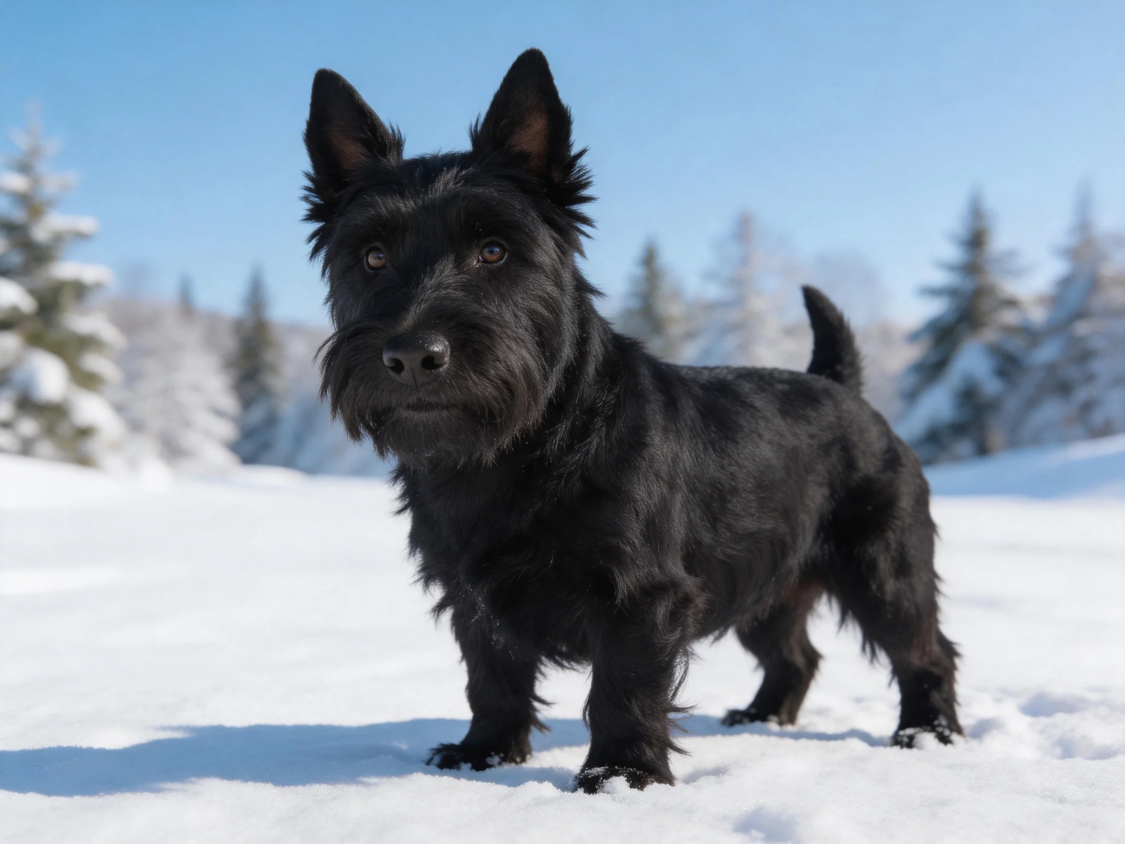 A small black dog stands in a snowy outdoor environment.