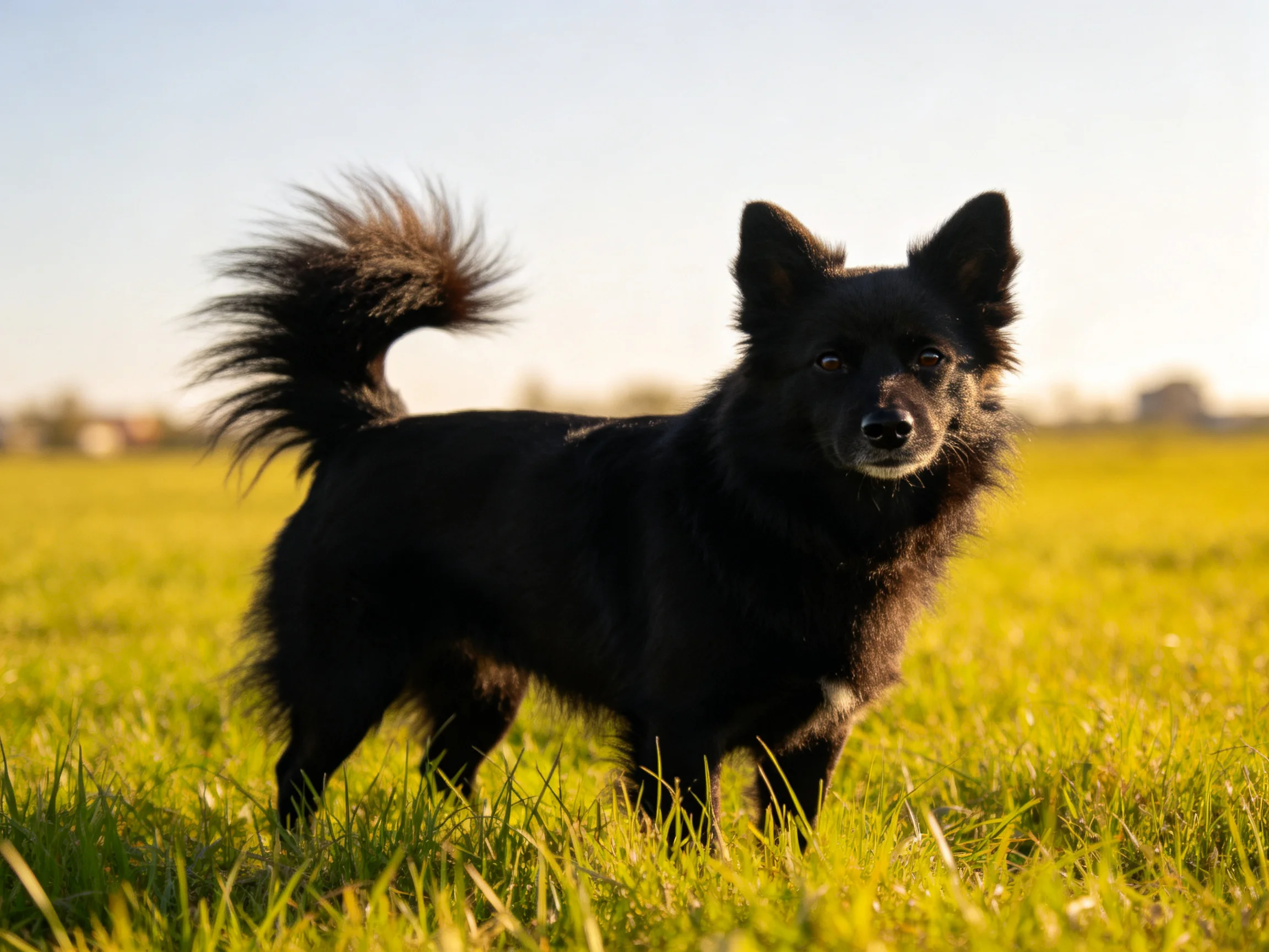A black dog stands in a sunlit green field surrounded by tall grass.