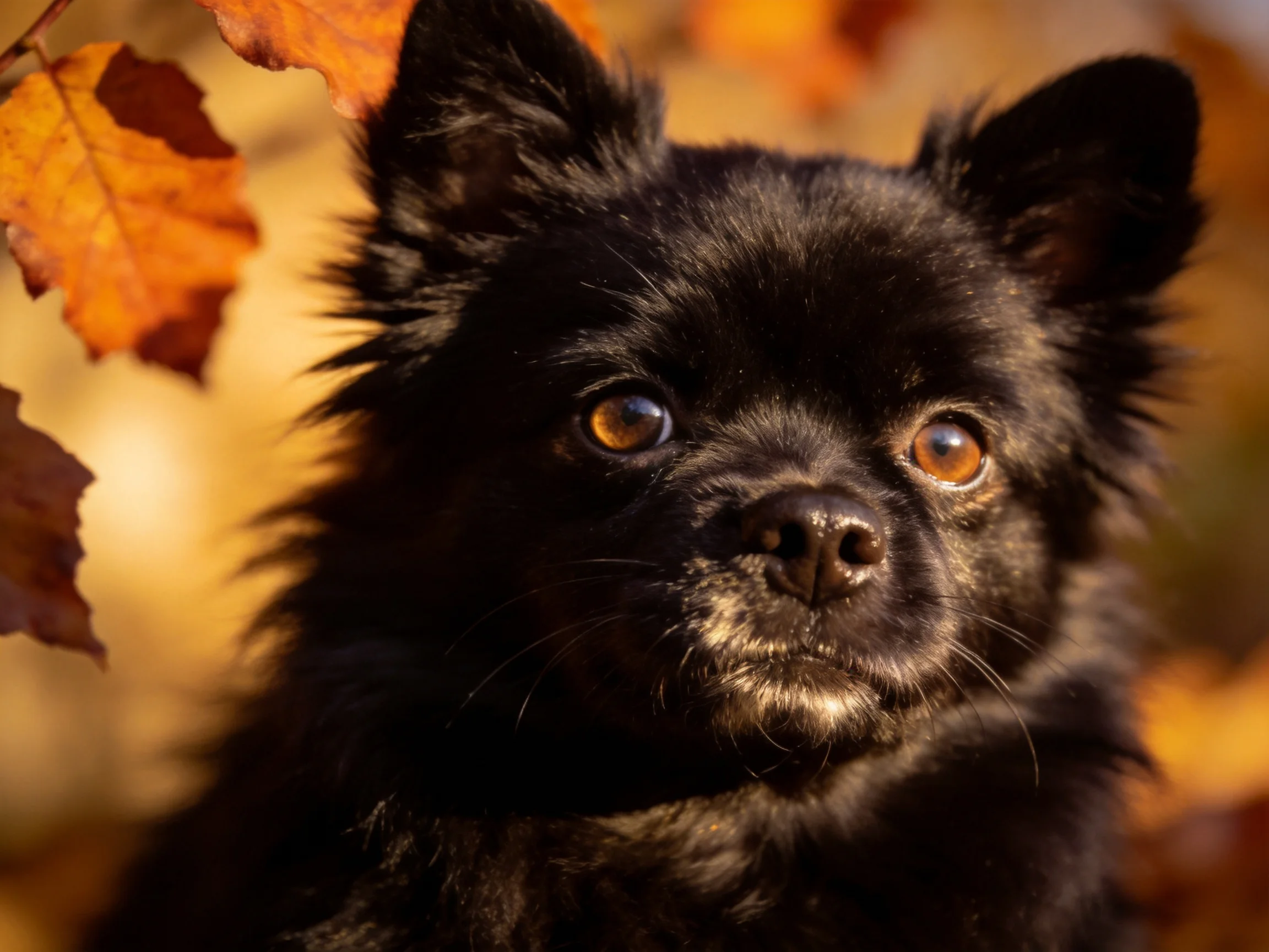 A small black dog stands among colorful autumn leaves in soft natural light.