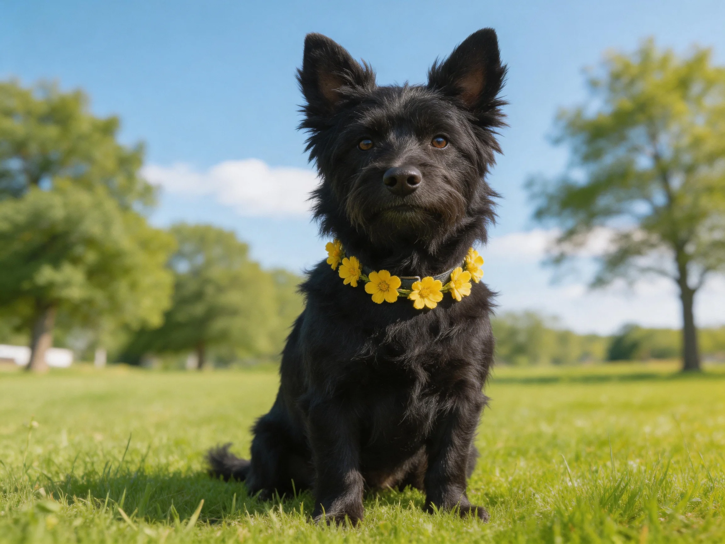 A black dog with a yellow flower collar sits in a sunny park.