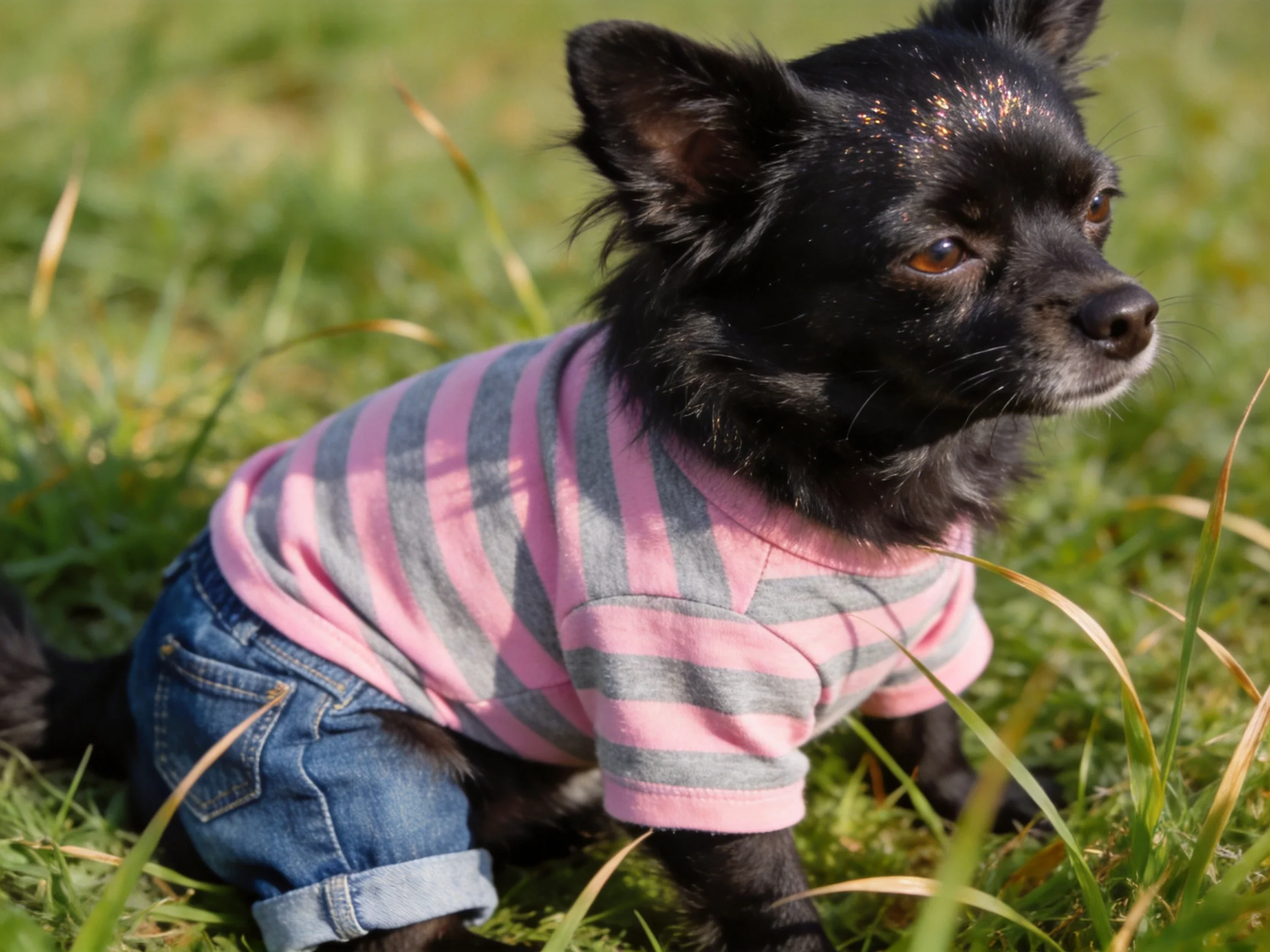 A small black dog wears a pink-gray striped shirt and blue jeans in tall green grass