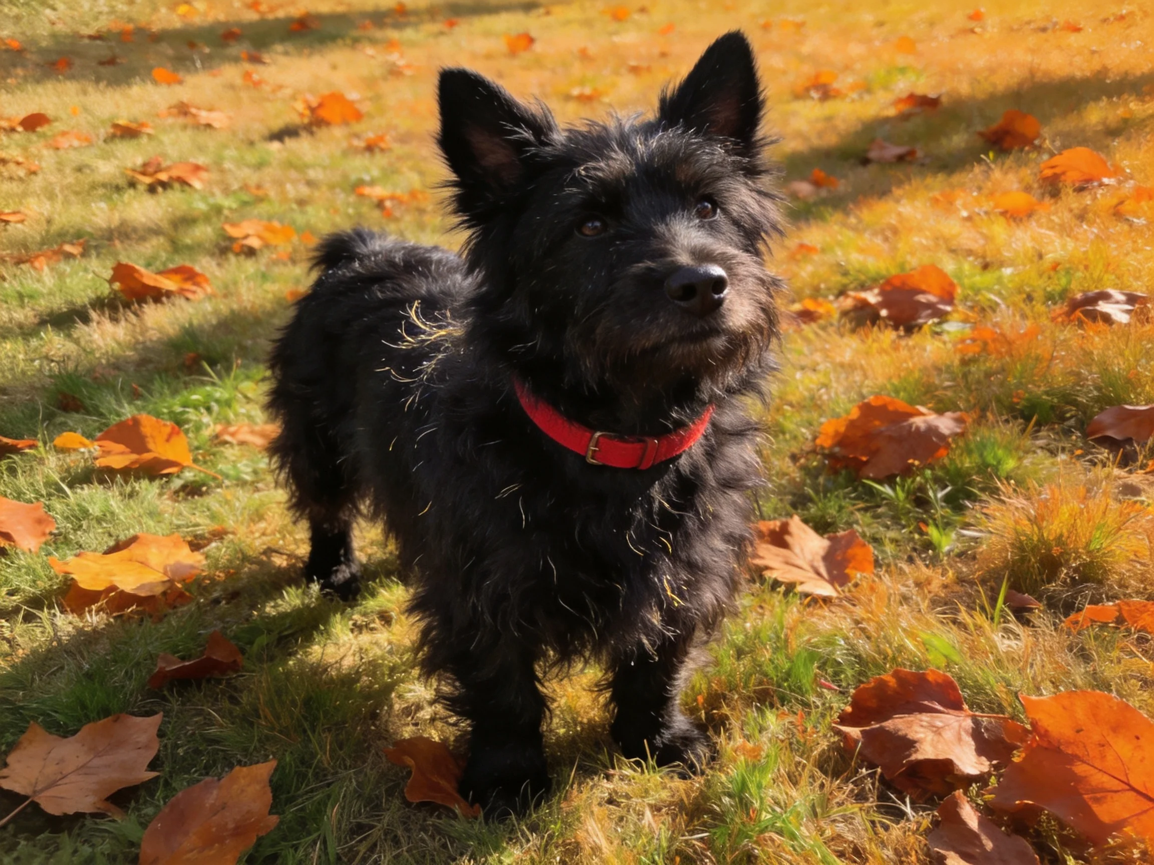 A small black dog with a red collar stands among scattered autumn leaves