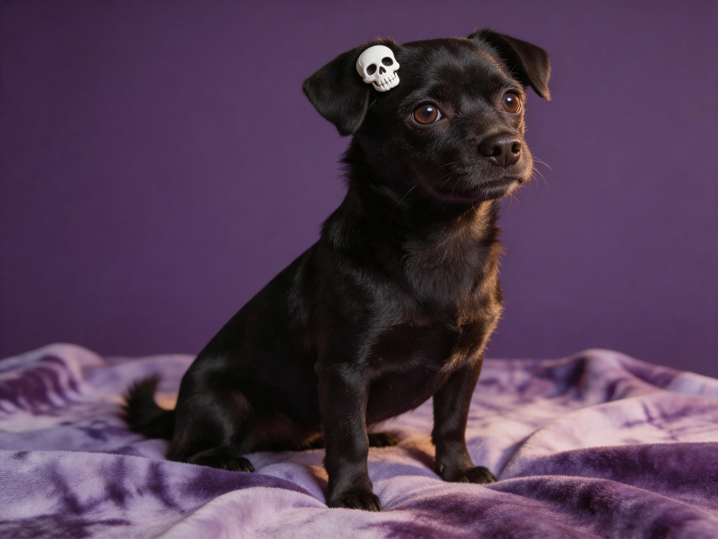 A small black dog with a skull accessory sits on a purple blanket.