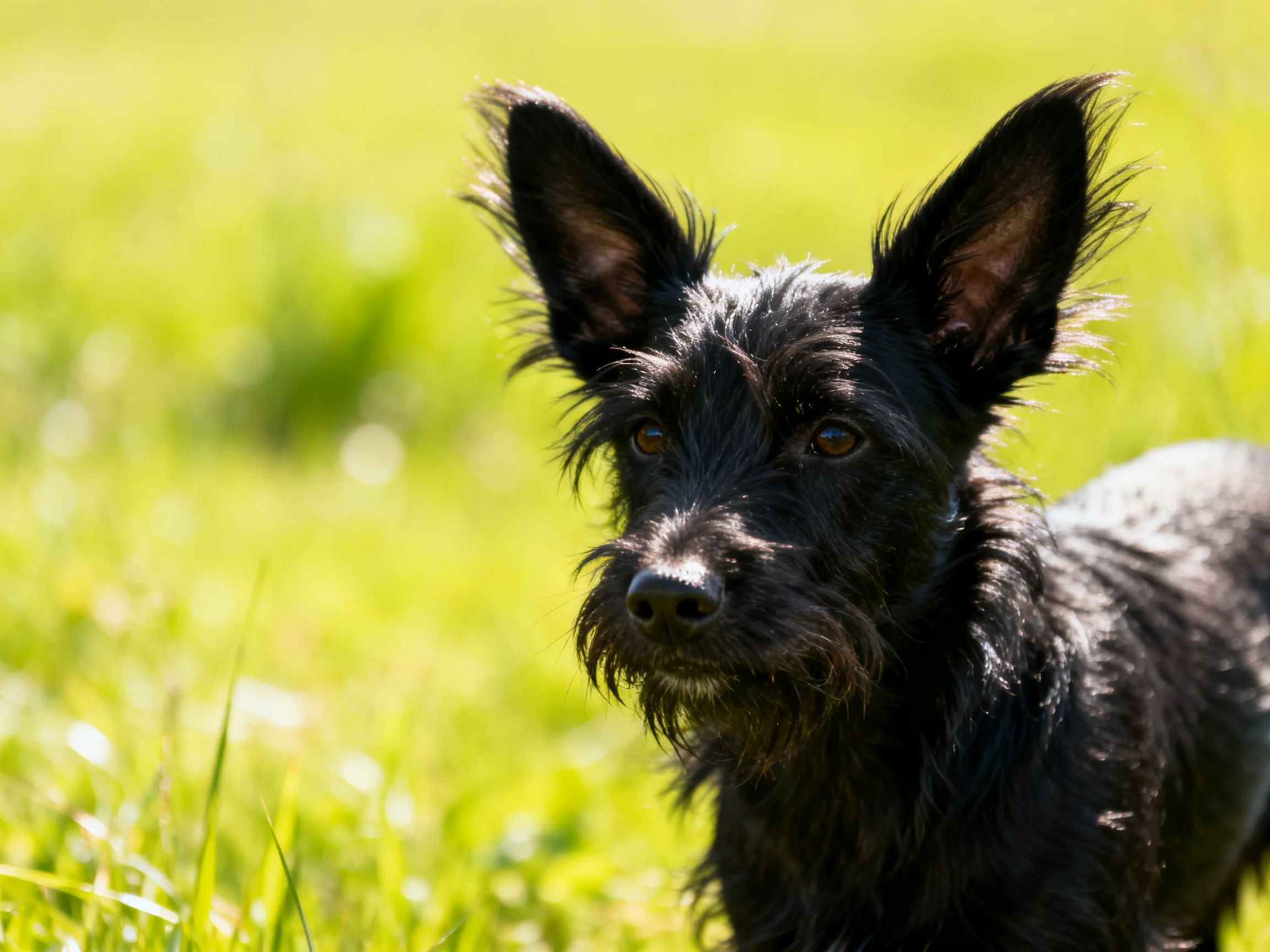 A small black dog with upright ears in sunlit green grass