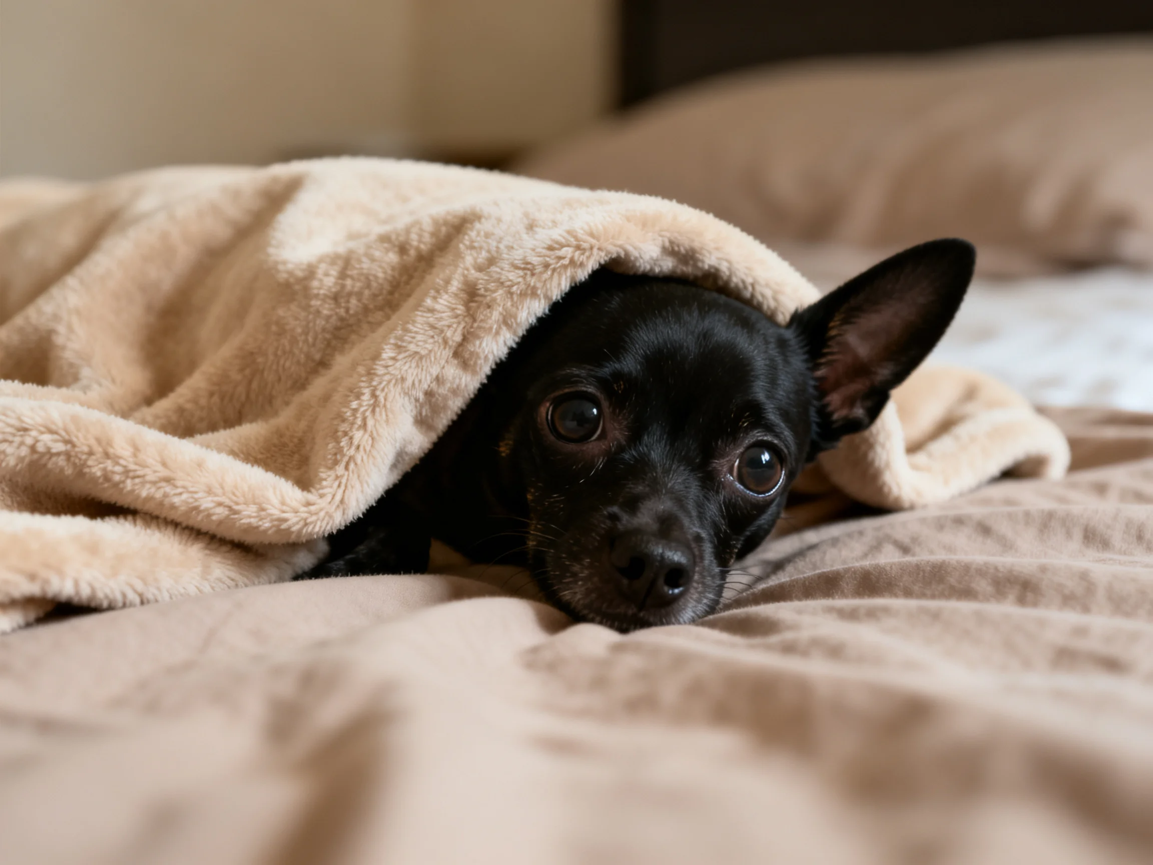 A small black dog wrapped in a beige towel on a bed