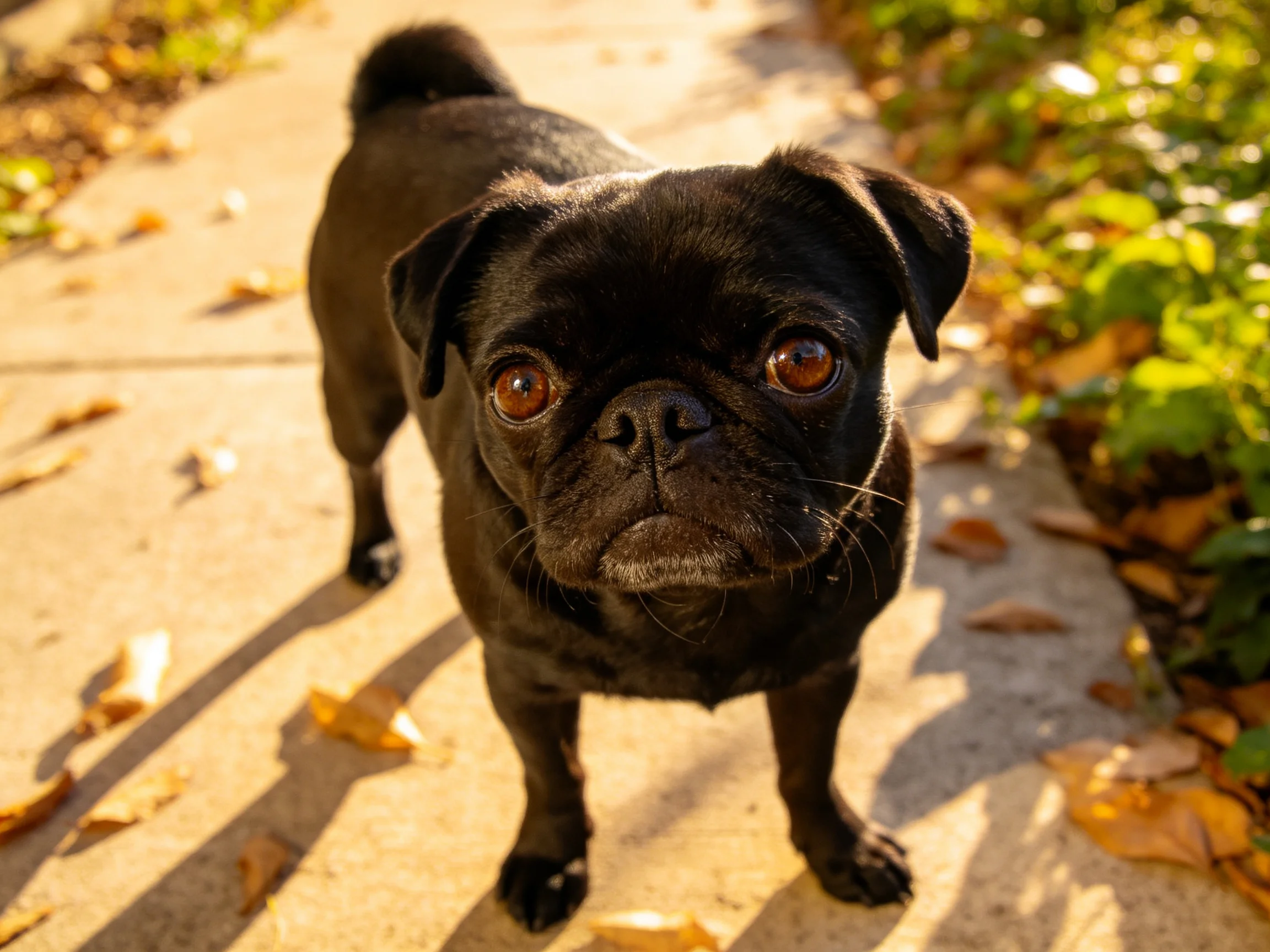 A small black pug stands on a leaf-covered sidewalk