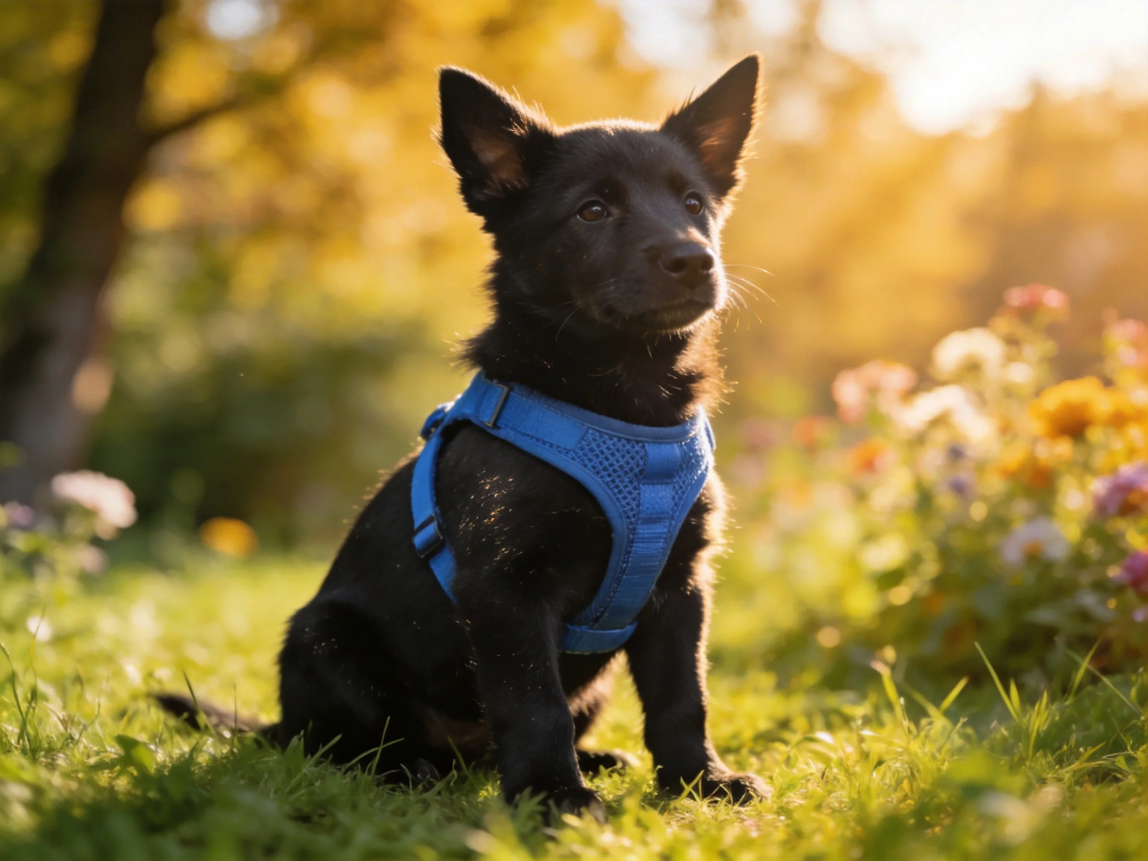 A small black puppy in a blue harness sits on grass near colorful flowers