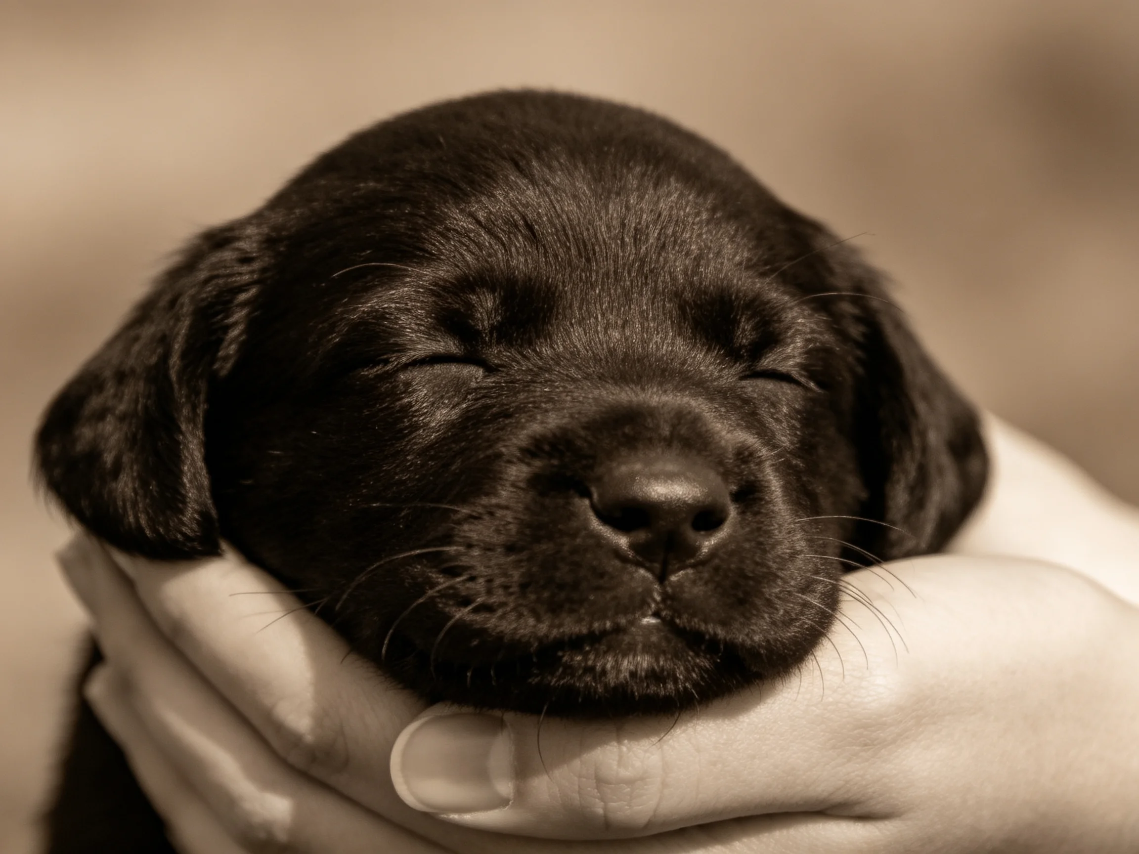 A small black puppy nestled in gentle human hands